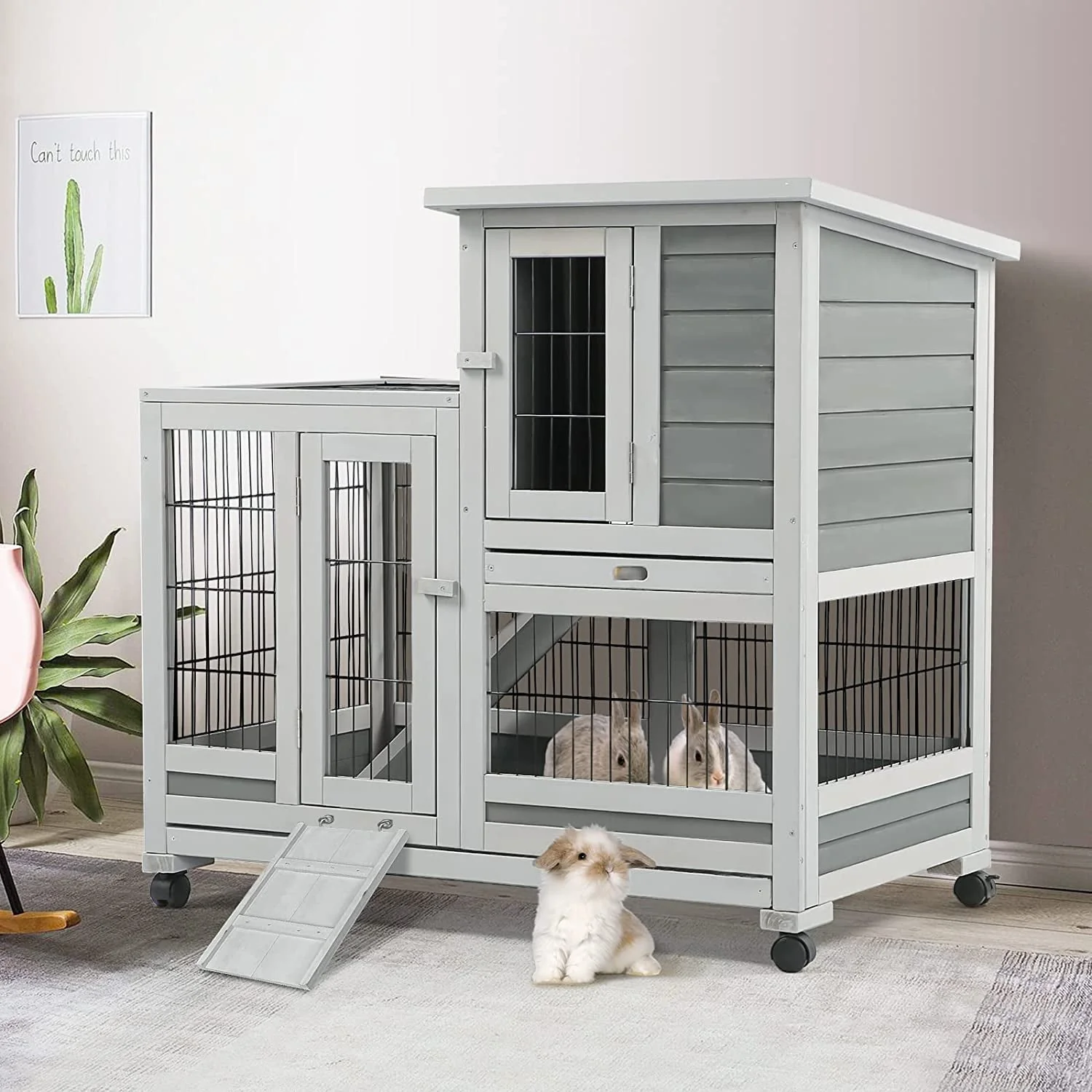 Indoor Rabbit Hutch Bunny Cage Large Pet House for Small Animal with Wheels Image 6