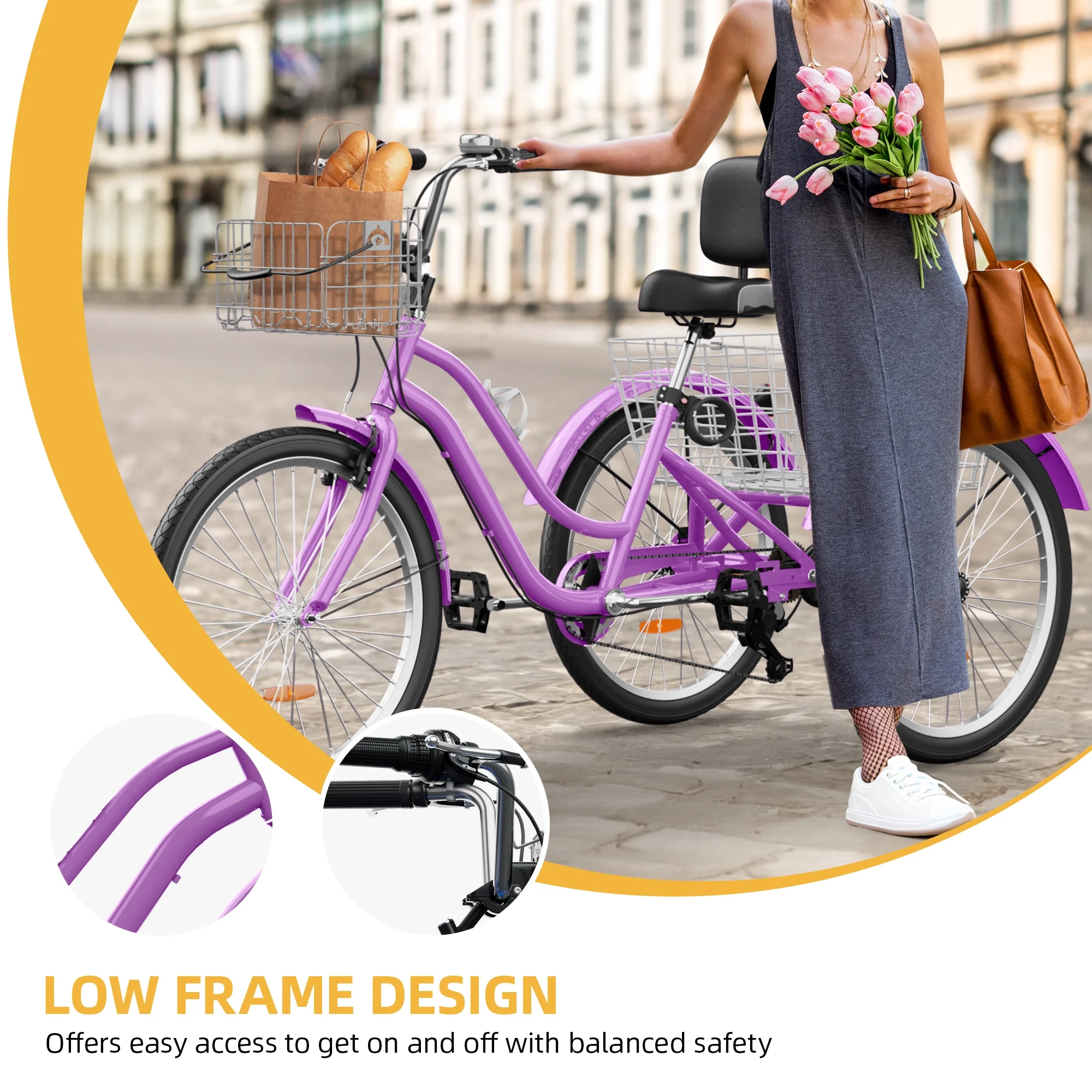 24 Inch 3-Wheel Bike, Single Speed Adult Trike, Low Step-Through Cruiser with Front Rear Baskets, Large Adjustable Seat with Backrest for Seniors, Men, and Women (Purple)(24"1 Speed/Purple) - Image 6