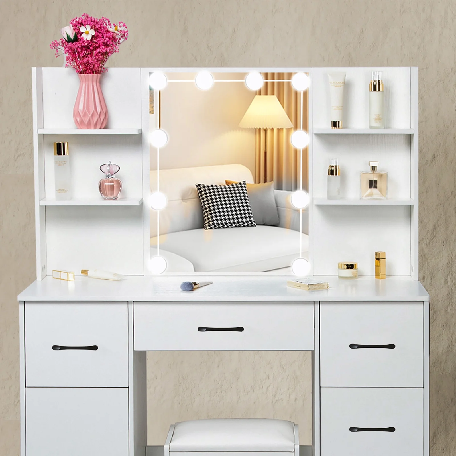 Makeup Vanity with 3 Color Lights, Vanity Desk with Sliding Mirror, Vanity Set Makeup Table, Storage Drawers and Shelves, White - Image 5