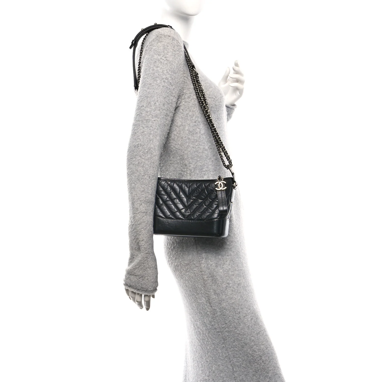 Aged Calfskin Chevron Quilted Small Gabrielle Hobo Black