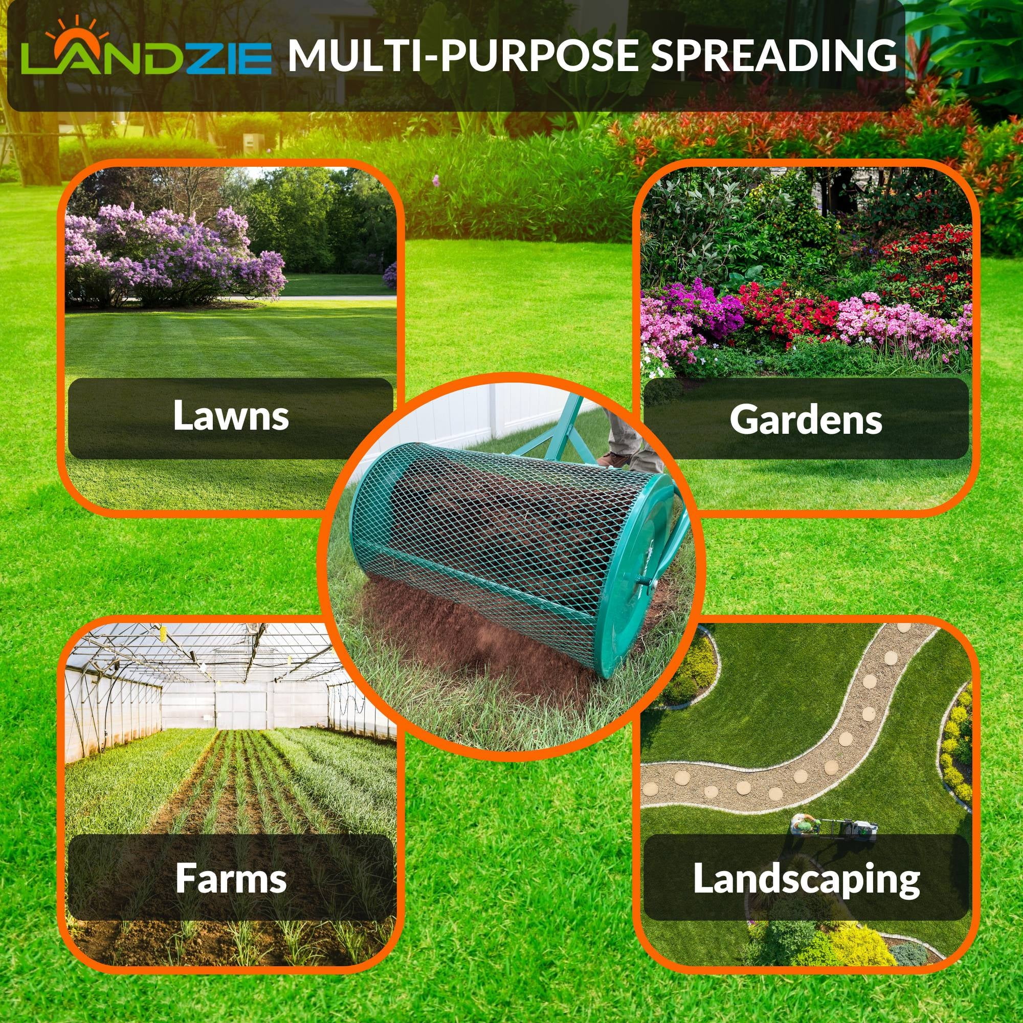 Landzie Compost Spreader 24 Inch Walk-Behind Lawn & Garden Spreader with Metal Mesh Basket