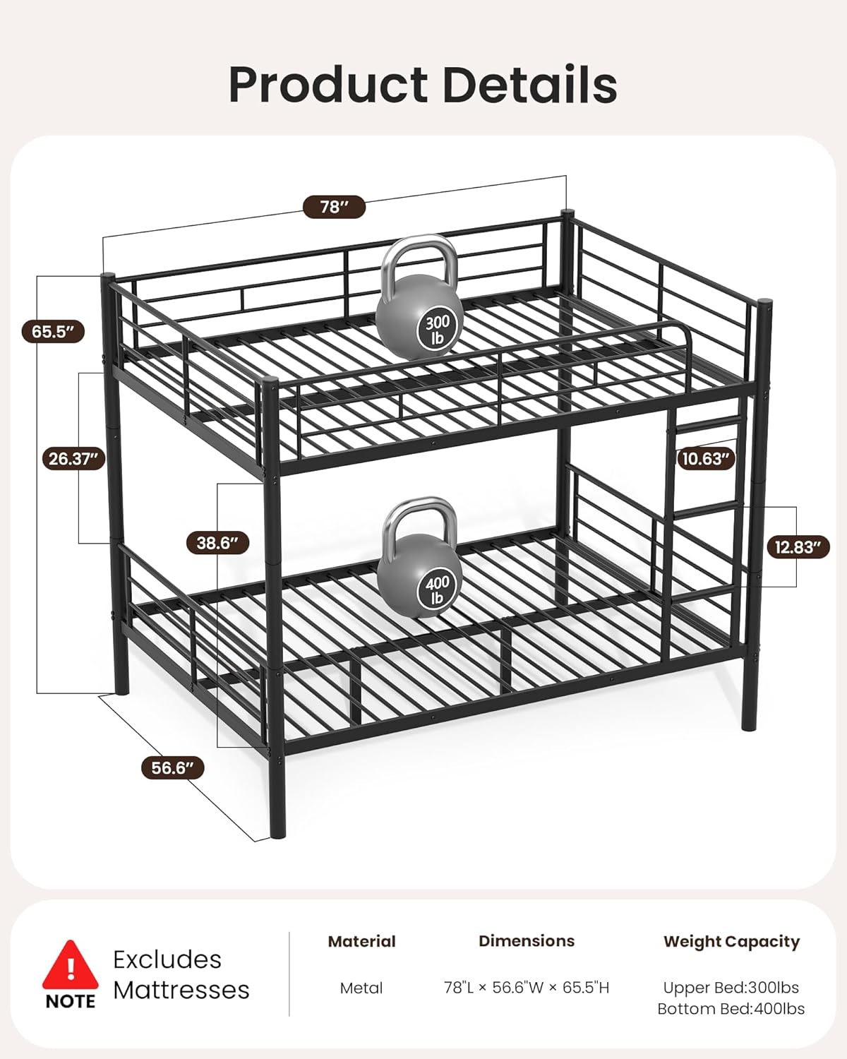 Full Over Full Metal Bunk Bed for Adults & Kids, Convertible to 2 Separate Full Size Beds, Heavy Duty Bunk Bed Frame with Full-length Guardrail & EVA Padded Ladder, No Box Spring Needed, Black