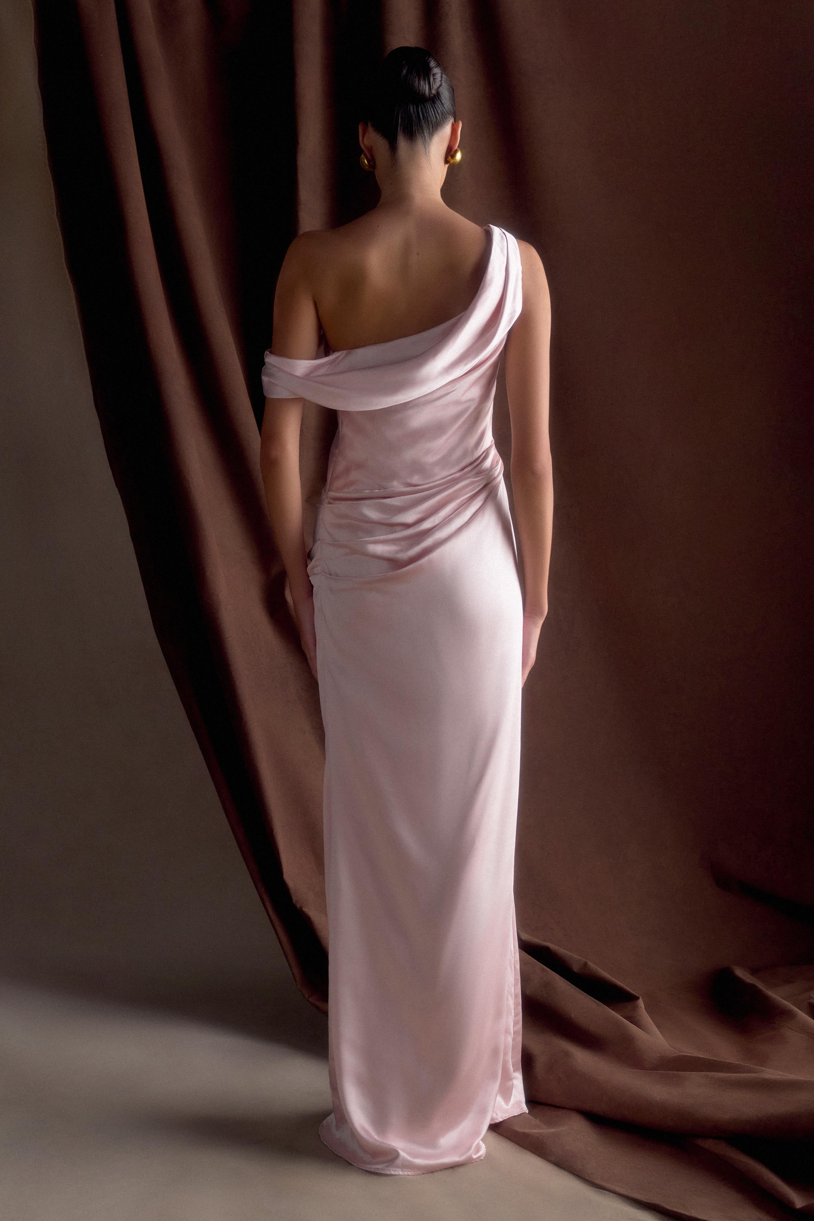 Dalia Off Shoulder Satin Maxi Dress - Soft Pink