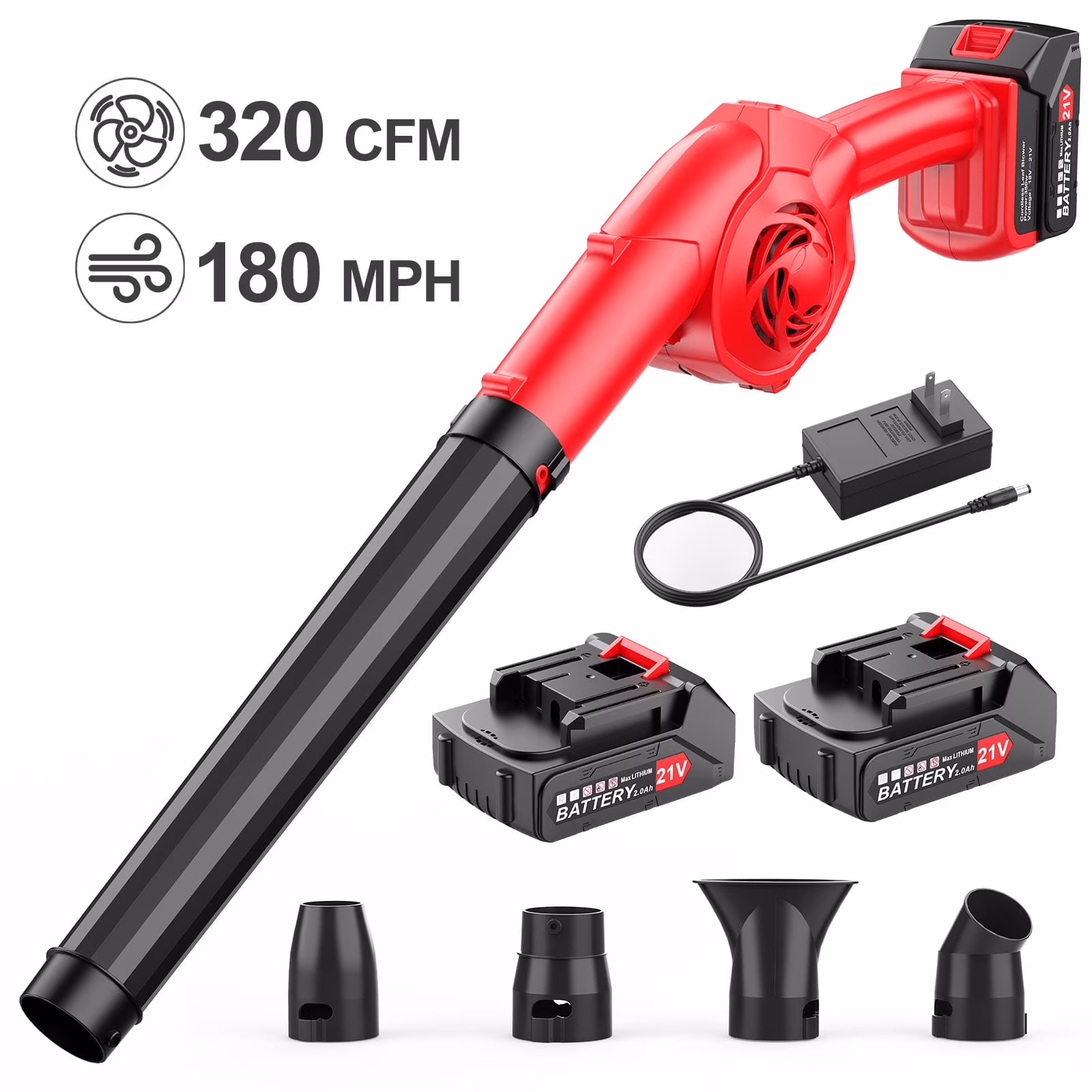 Tanbaby 21V Cordless Leaf Blower, 320CFM Electric Leaf Blowers, 3 Speed Mode, 330W 180MPH with 2x 2.5Ah Batteries, Lightweight Powered Blowers for Leaf/Snow/Dust Blowing(2 Amps)