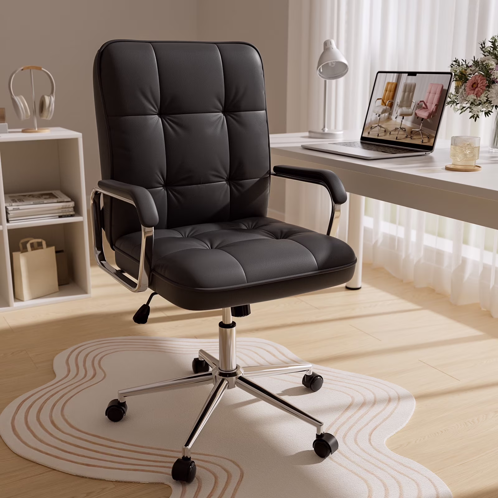 White Office Chair, Swivel Leather Computer Desk Chair with Wheels and Padded Arms, Executive Office Chair for Adults(White) Image 5