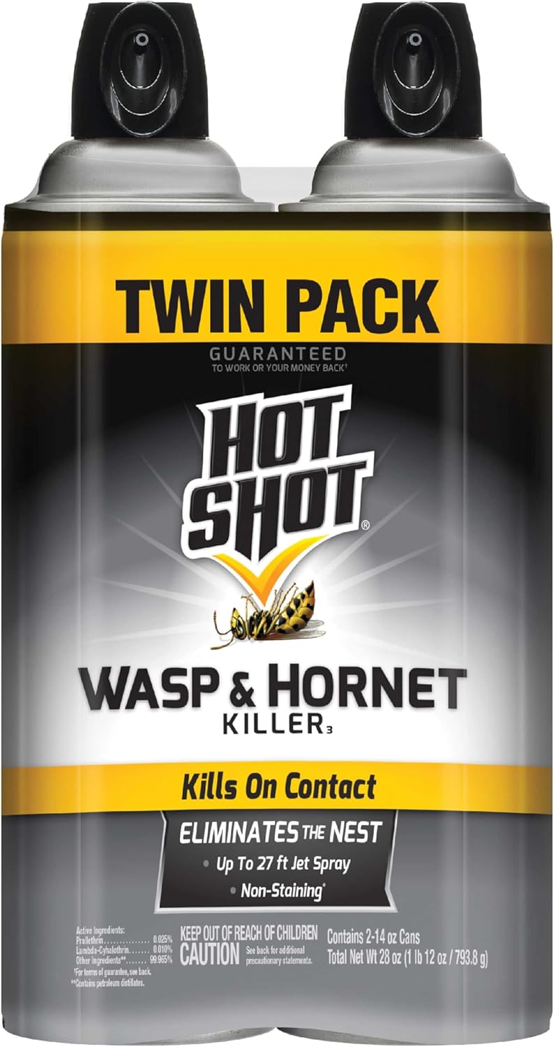 Hot Shot Wasp & Hornet Killer Aerosol Spray 14 Oz, Kills on Contact, 2 Pack| Kills Wasps, Hornets, Yellowjackets & More on Contact, Up to 27 Foot Jet Spray, For Outdoor Use, Non-Staining
