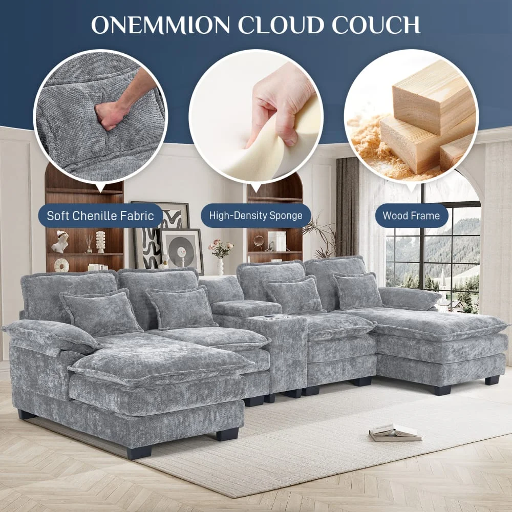 U Shaped Cloud Couch Modular Sectional Sofa 124" Extra Deep Fluffy Chenille Double Chaise Lounge, Central Console w/ Dual USB-C A Ports, Storm Gray(Grey) - Image 6
