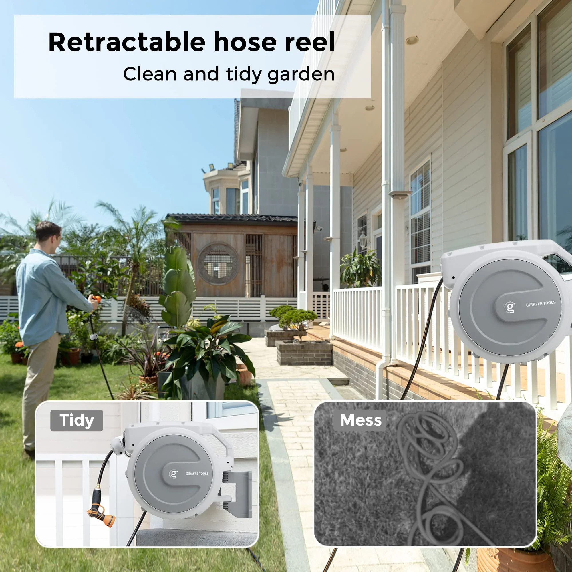 Giraffe Tools Retractable Garden Hose Reel with 1/2in-100ft Water Hose, Plastic Bracket, Wall Mounted, Dark Grey