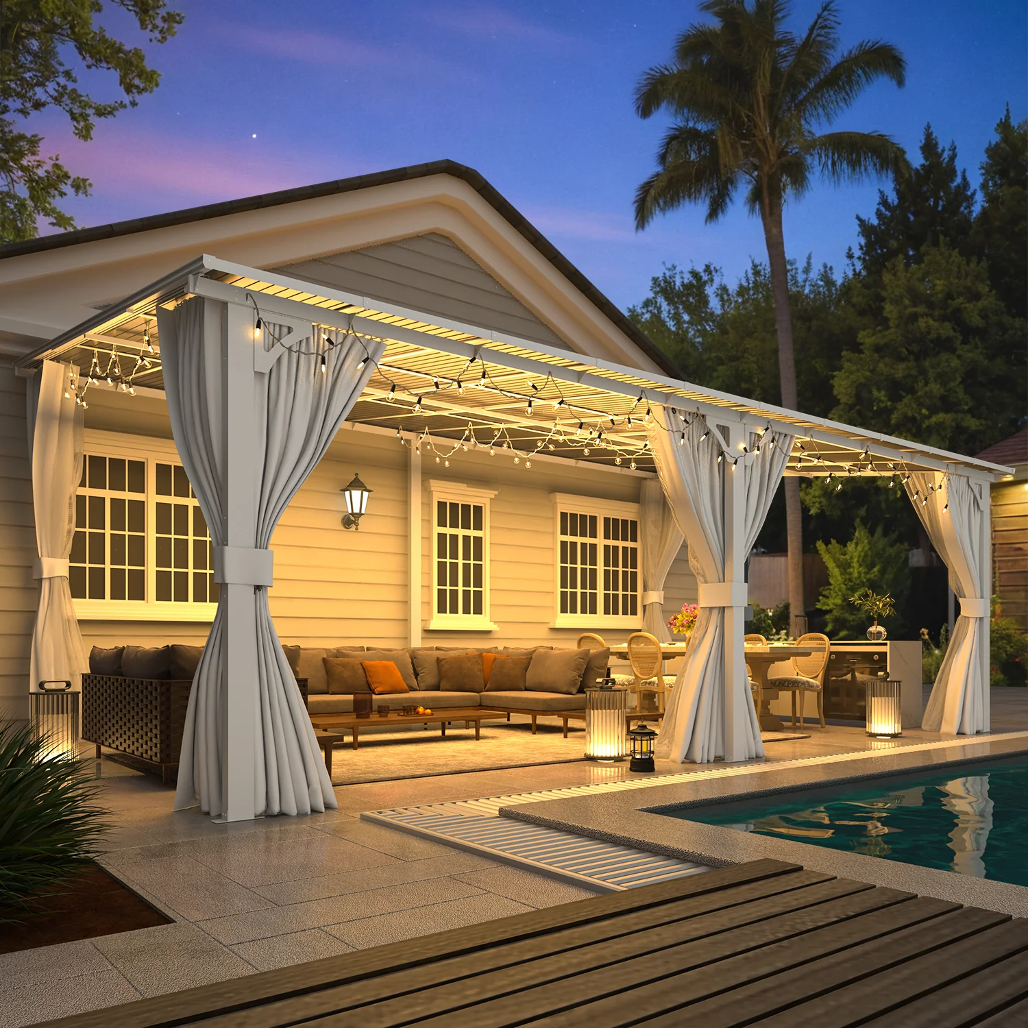 AECOJOY 20'x12' Wall Gazebo with Curtains and Mosquito Netting, White