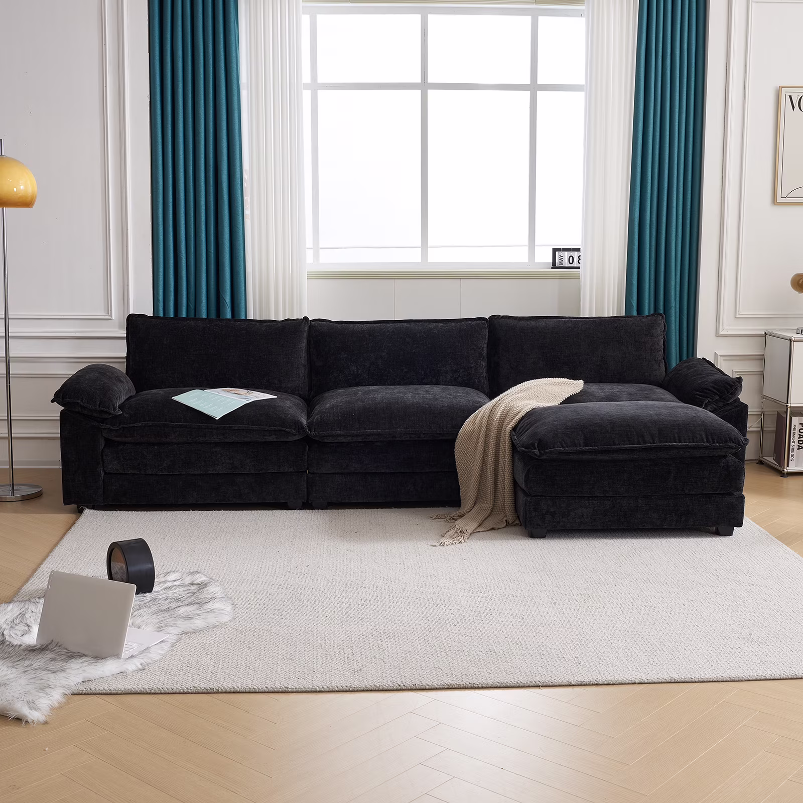 Zimtown Sectional Sofa with Ottoman, L Shaped Convertible Couch with Removable Chaise Chenille Fabric Sofa Set for 4 - 6 Persons Living Room Furniture Dark Grey