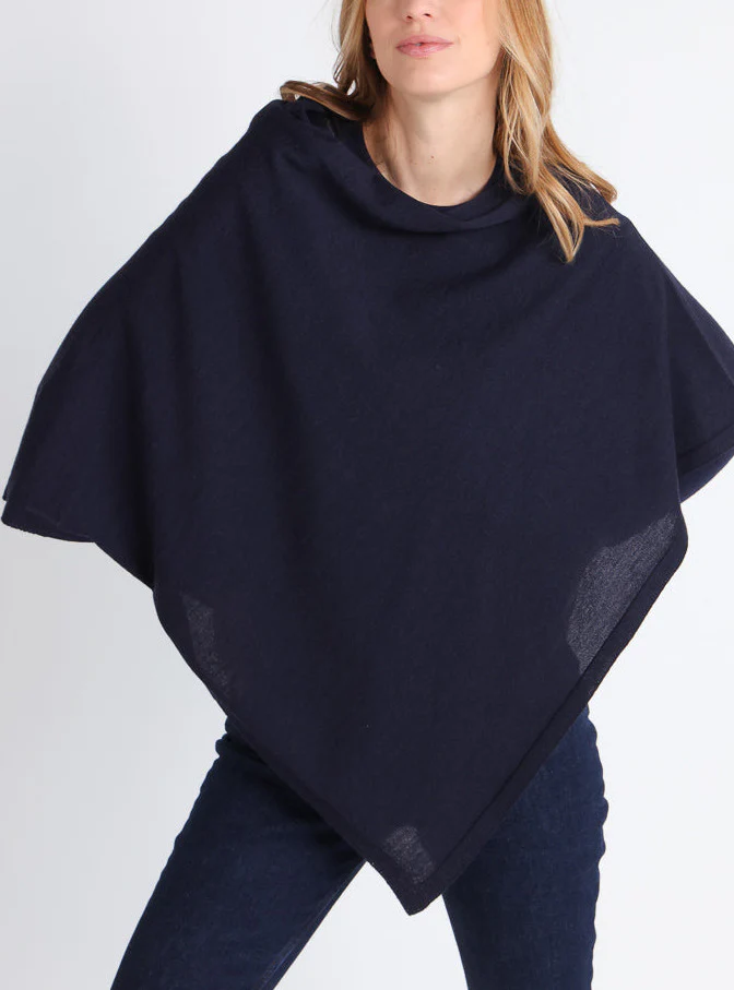 Poncho femme en laine mérinos bleu marine