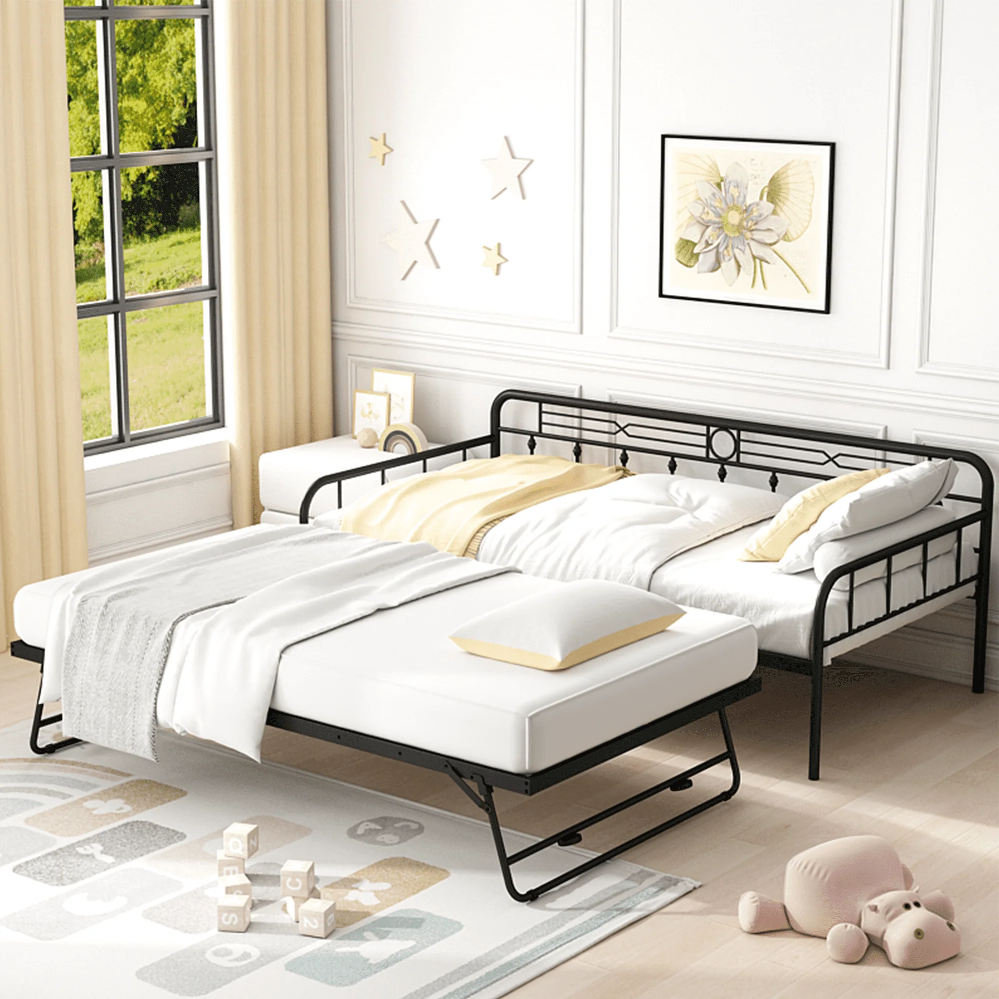 Sesslife Metal Daybed with Adjustable Trundle, Twin Size Daybed with Twin Size Pop up Trundle Bed, Heavy - Duty Sofa with Portable Folding Trundle Bed for Bedroom Living Room (Black)