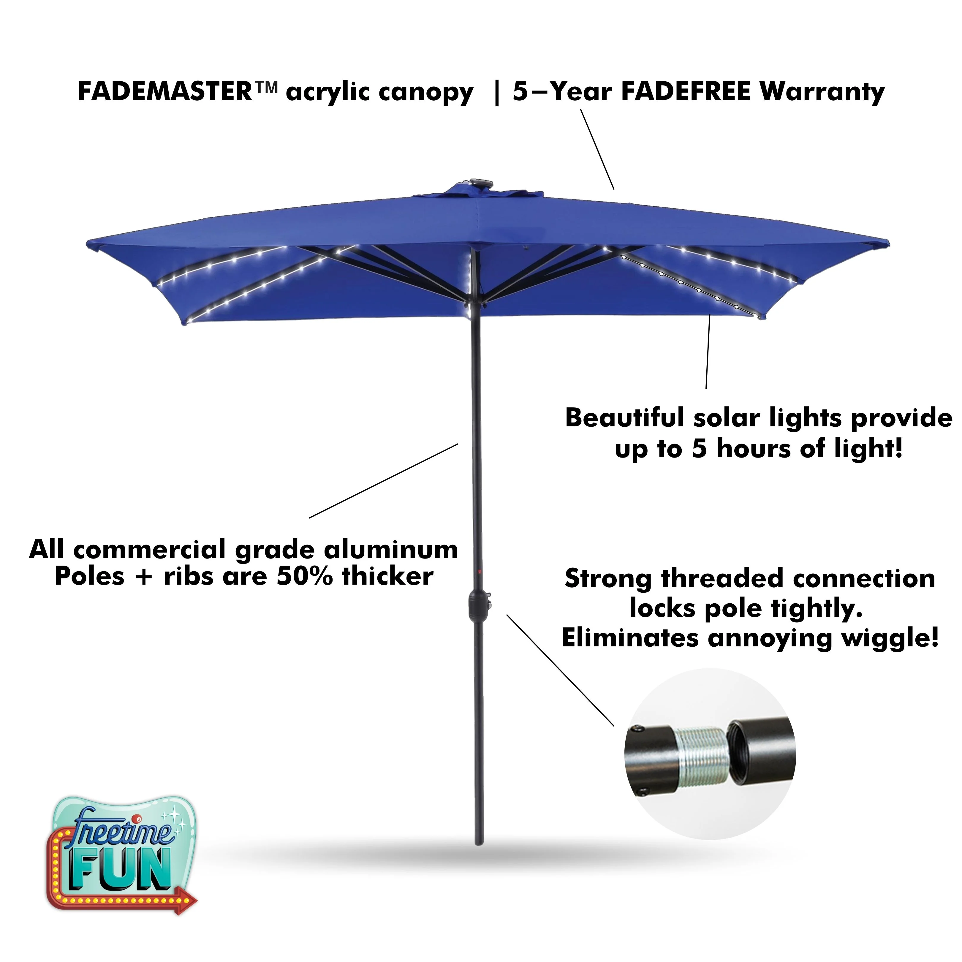 Freetime Fun Heavy Duty Ibiza 8' x 10' Rectangular Outdoor Patio Umbrella with Solar Lights, Blue(Blue)