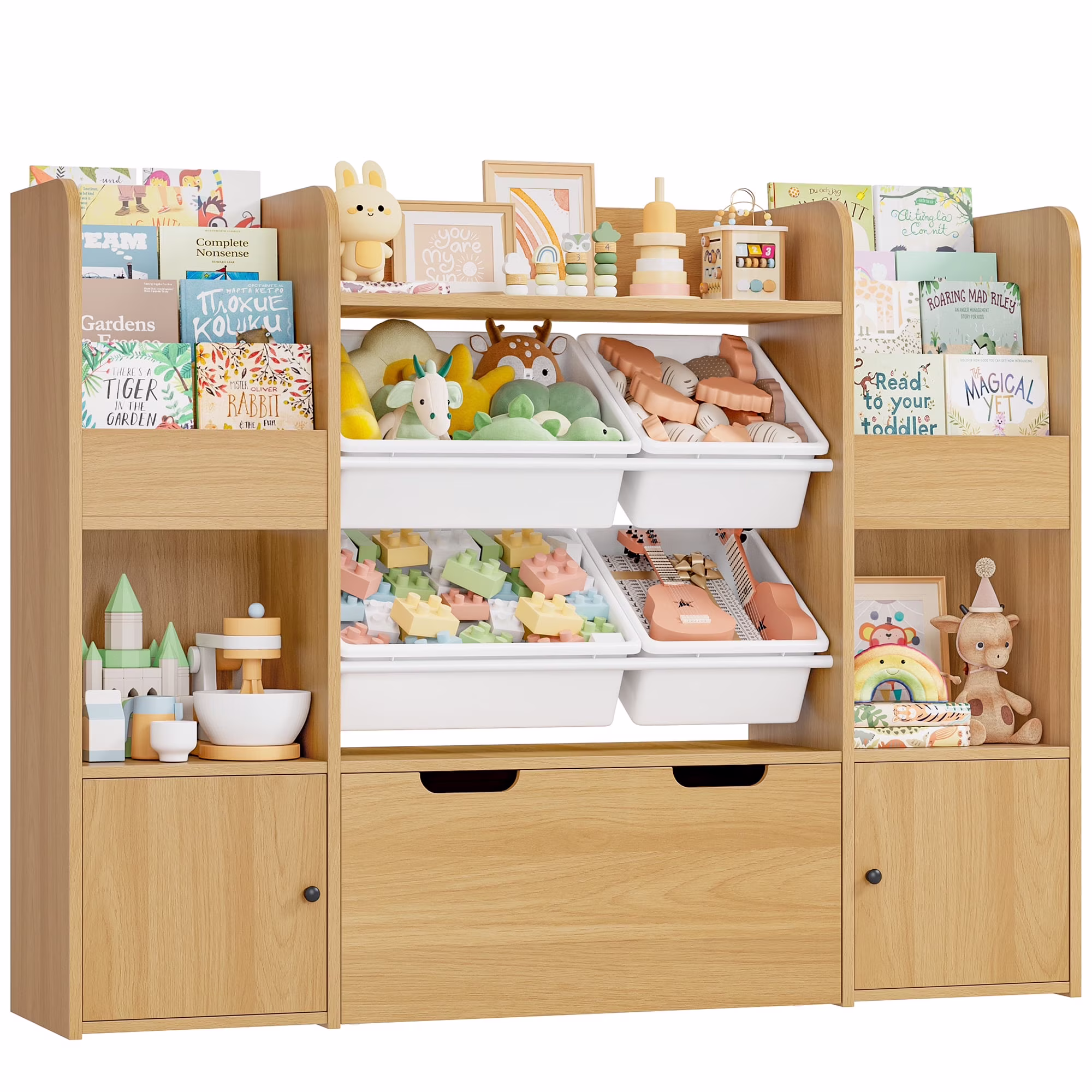 Kids Bookcase Toy Storage Organizer, Wooden Toy Organizer of 4 Bins 2 Removable Drawers for Home Bedroom, Kids Bookshelf Toy Box with Book Rack, White(White) - Image 3