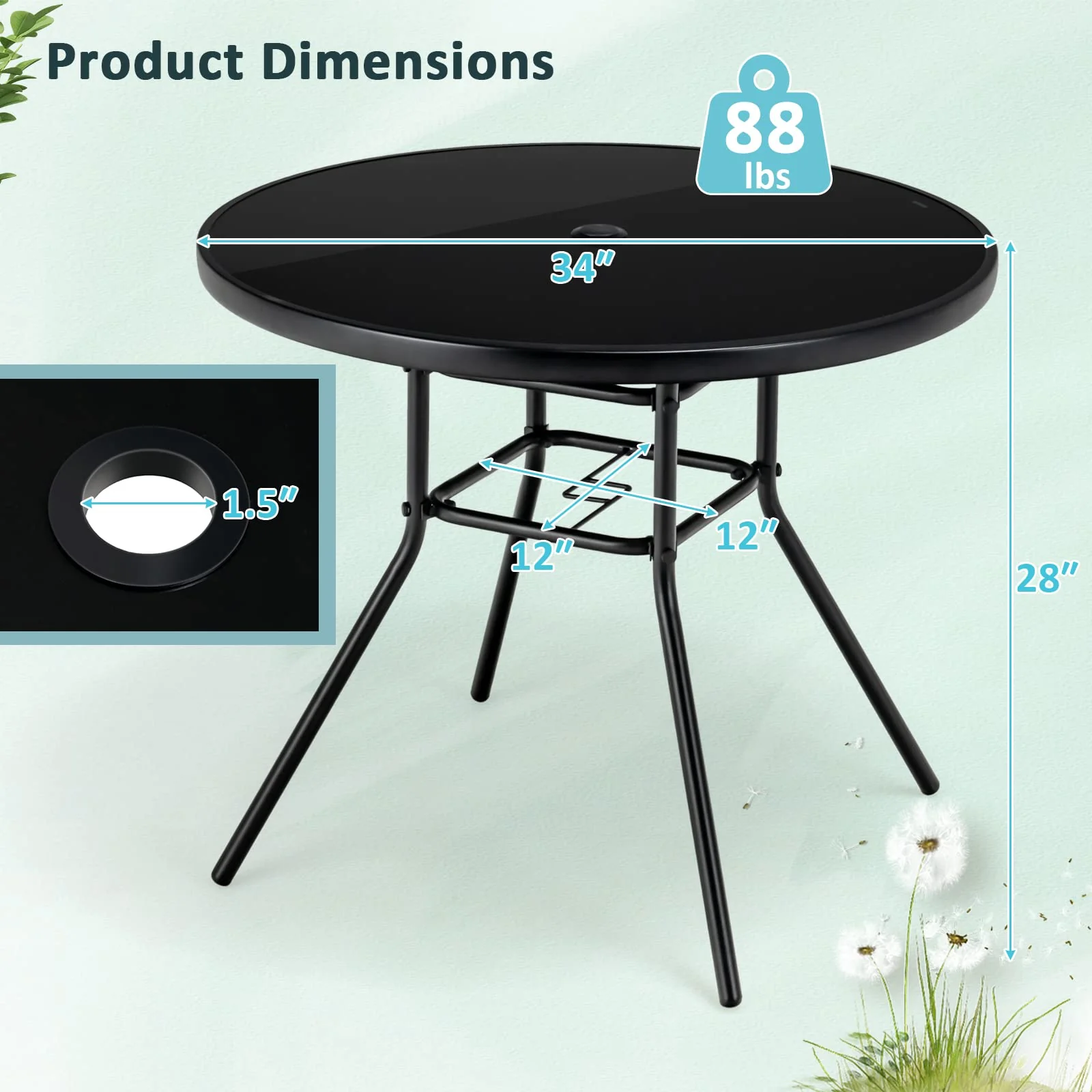 Tangkula 34 Inch Patio Dining Table, Round Tempered Glass Table with 1.5