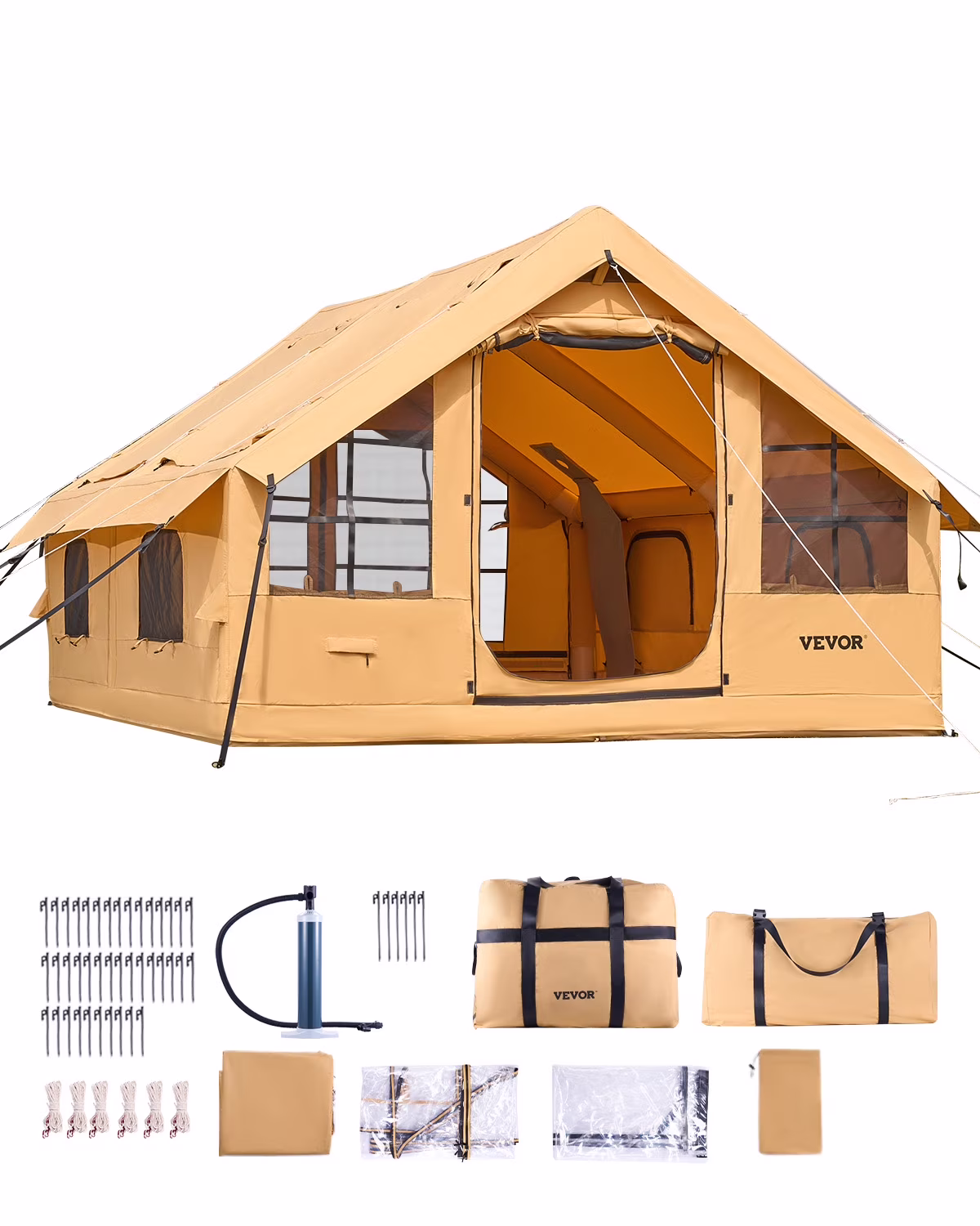VEVOR Inflatable Tents for Camping, 5 - 8 Person Easy Setup Blow up Tent with Hand Pump, Luxury Glamping Tent with 2 Skylights, Canopy, Stove Jack 2 Doors & Mesh Windows (Storage Bag Included)