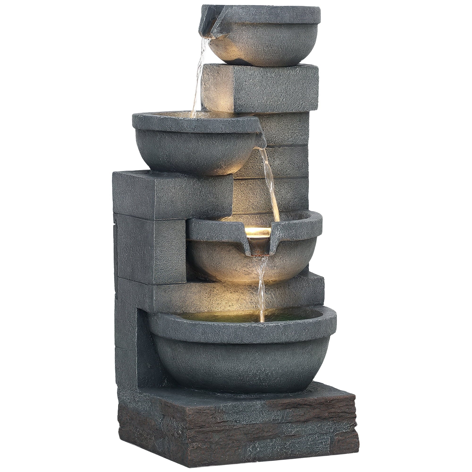 Outsunny 30 Outdoor Fountain with Lights, 4-Tier Resin Cascading Water Bowls Garden Fountain with Pump, Gray