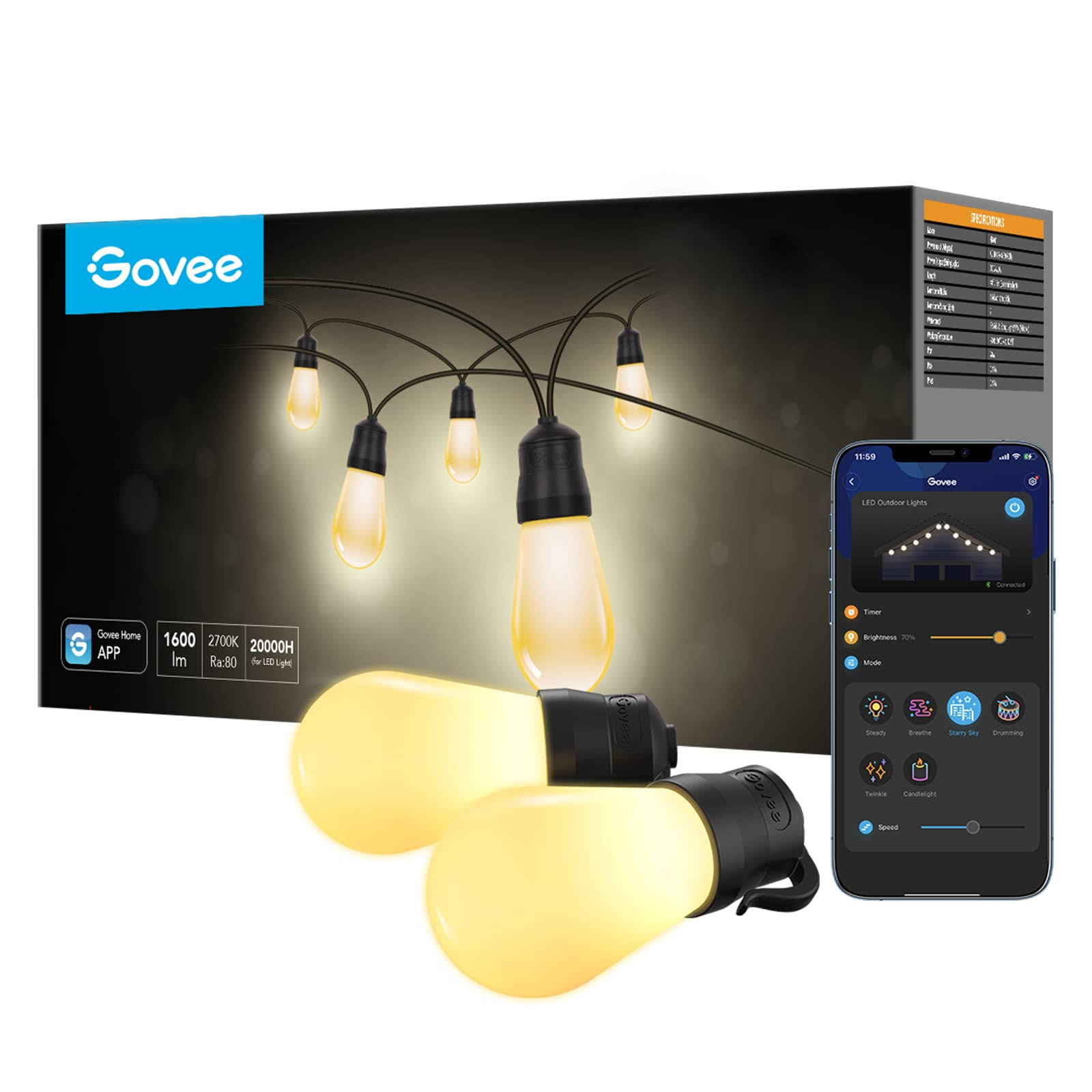 Govee Smart Outdoor String Lights, 96FT App Control Lights with 6 Scene Modes, IP65 Waterproof Shatterproof Patio Lights with 30 Dimmable Warm White