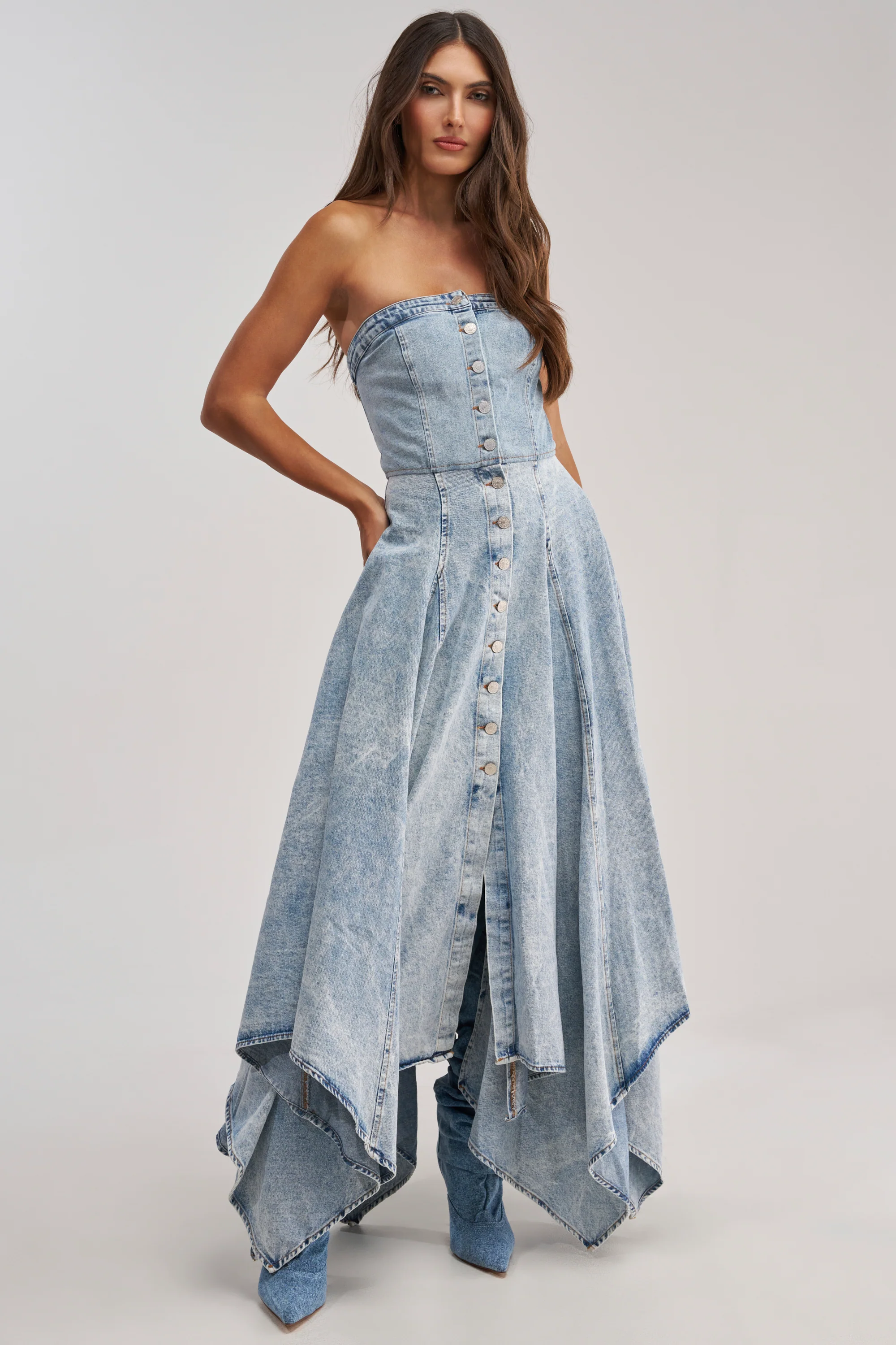 MISS ME YET STRAPLESS DENIM MIDI DRESS - Akira Store