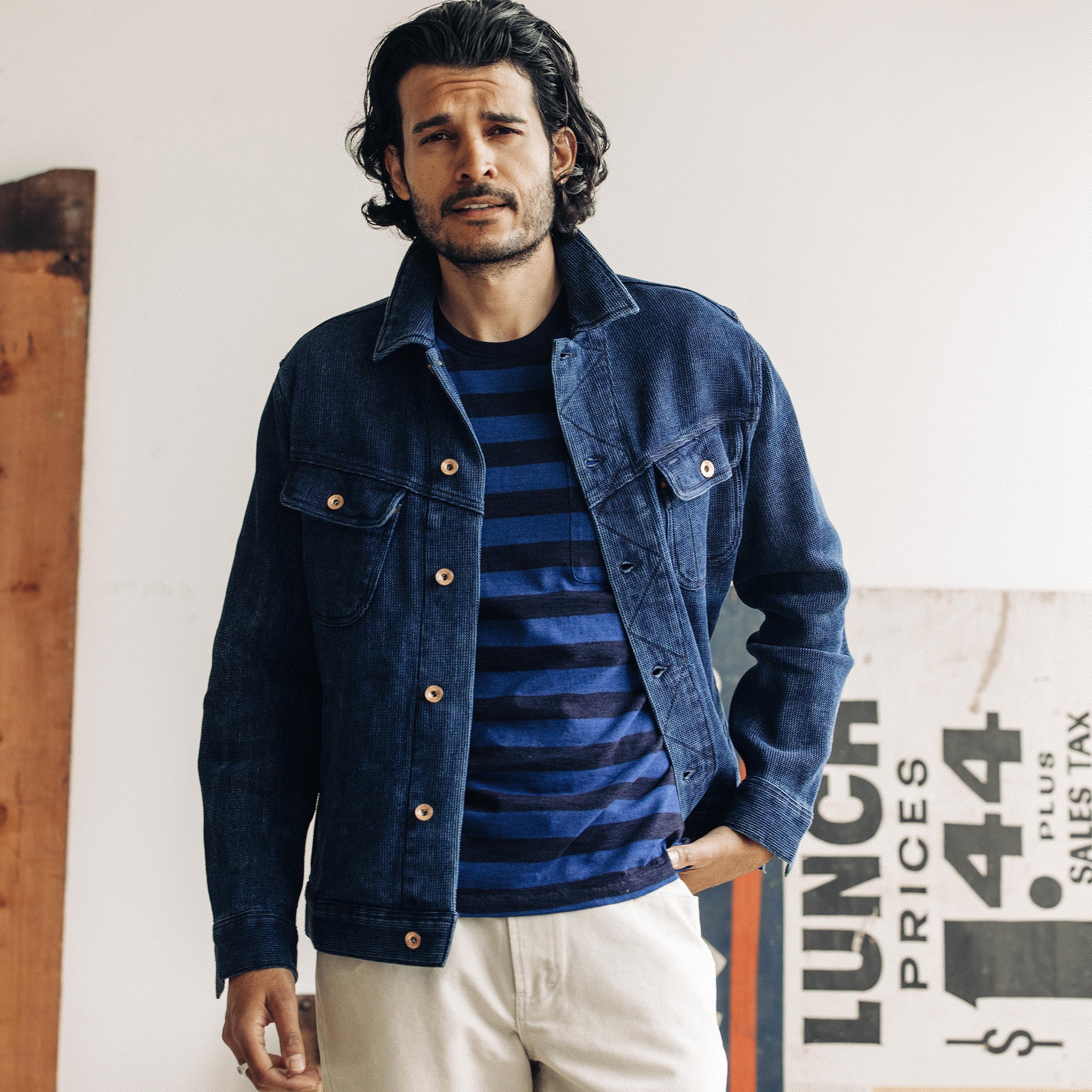 La veste Long Haul en tissu gaufré indigo