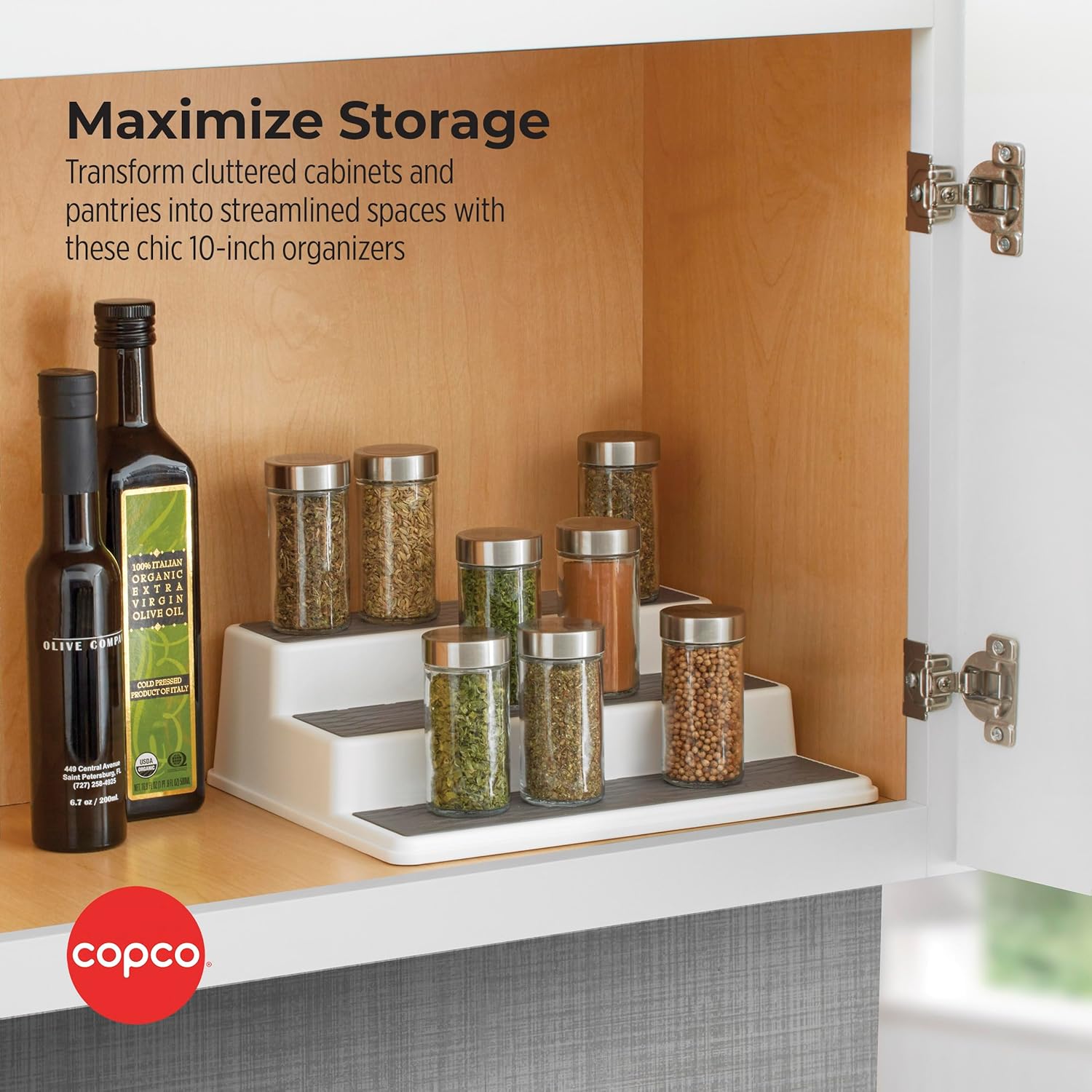 Copco Grey 2 Non-Skid 3-Tier Spice Rack Organizer for Pantry, 2-Pack, 10-Inch