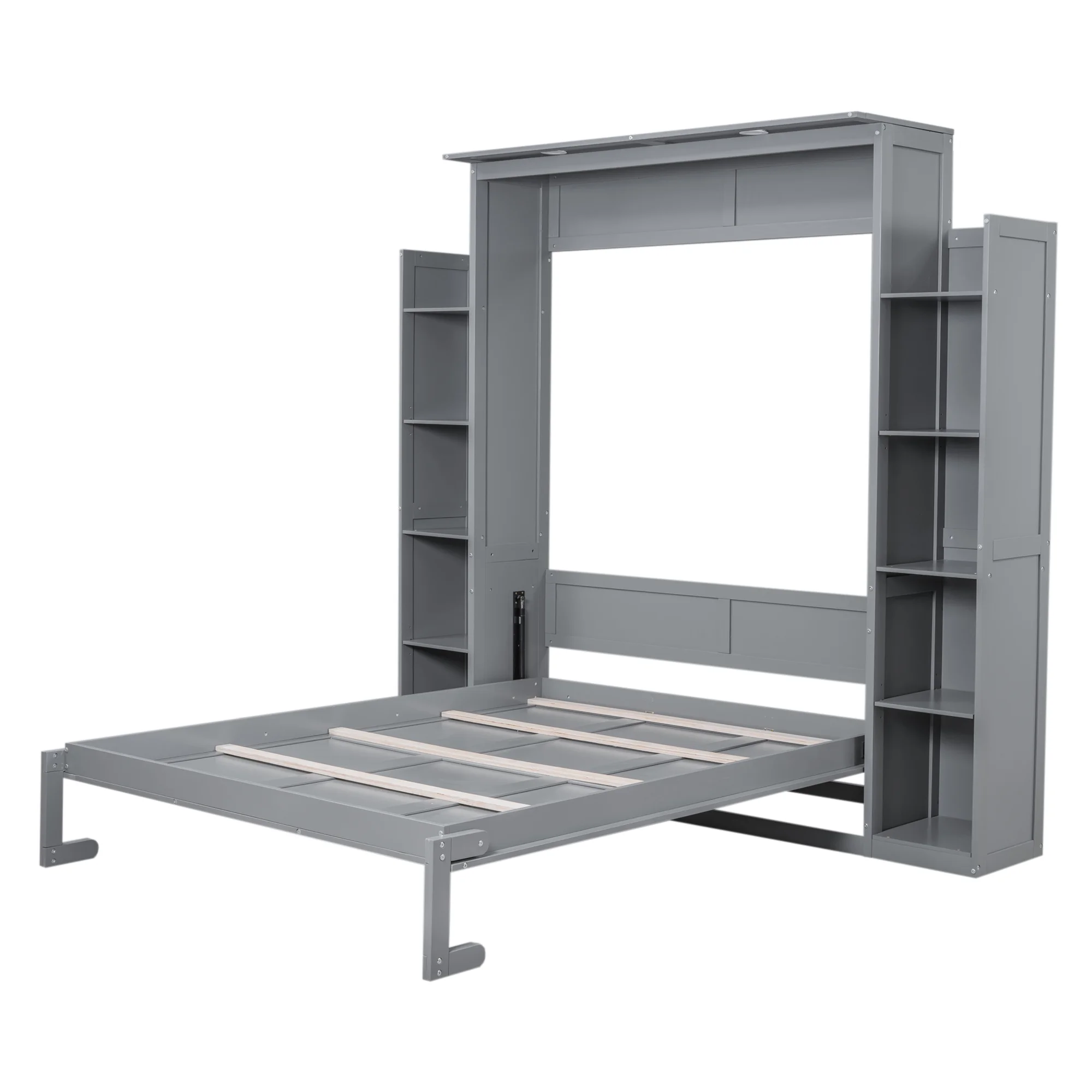 Queen Size Murphy Bed with 5-Tier Storage Shelf LED Lights, Foldable Wall Bed Cabinet with Mattress Support, Space-Saving Design for Guest Room/Home Office, Gray - Image 5