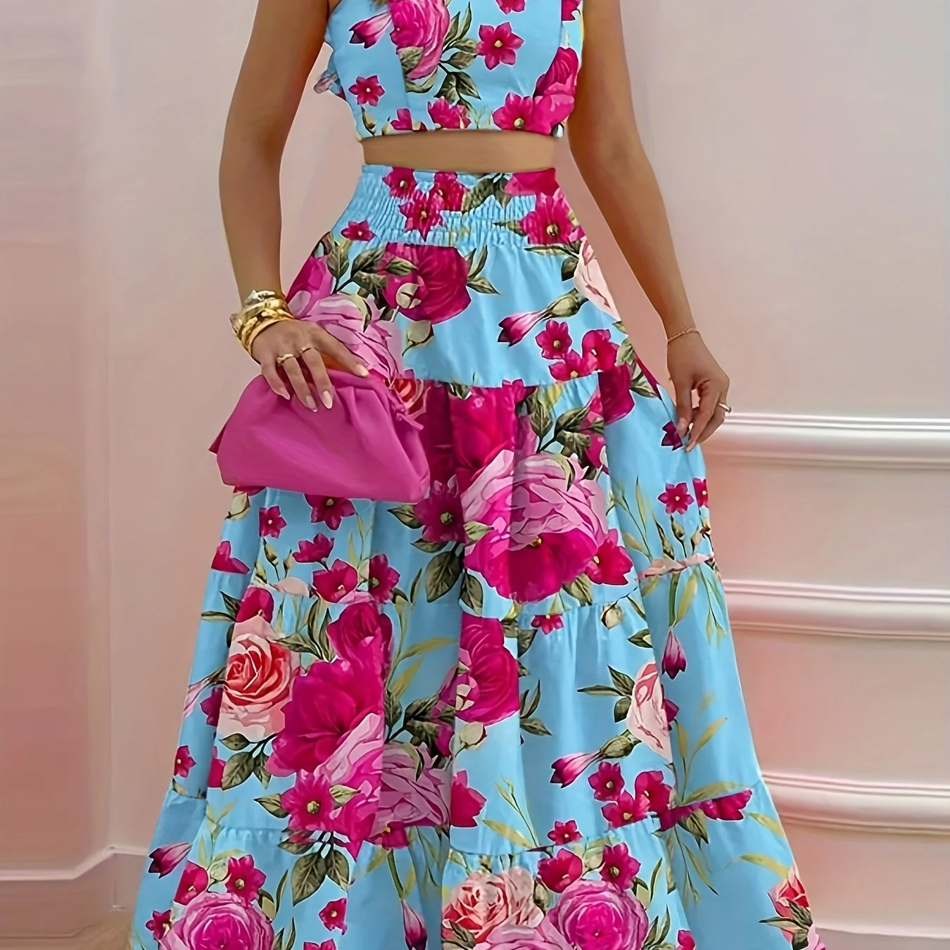 Ensemble bustier volanté floral et jupe longue évasée
