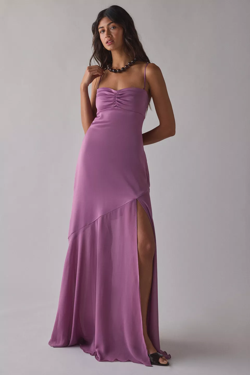 UO Sky High Sheer Illusion Asymmetric Maxi Dress-Purple