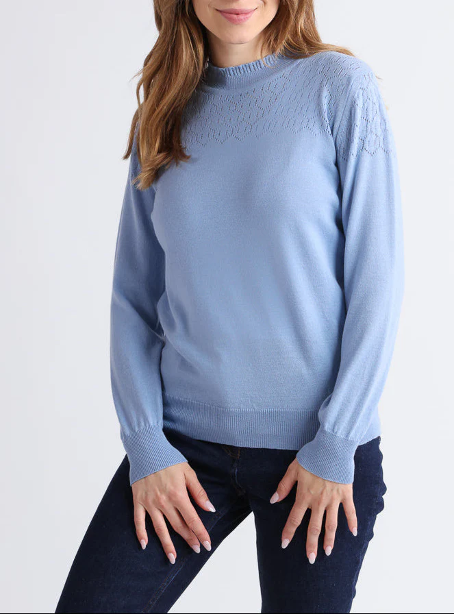 Pull femme col et maille fantaisie en laine mérinos bleu aster
