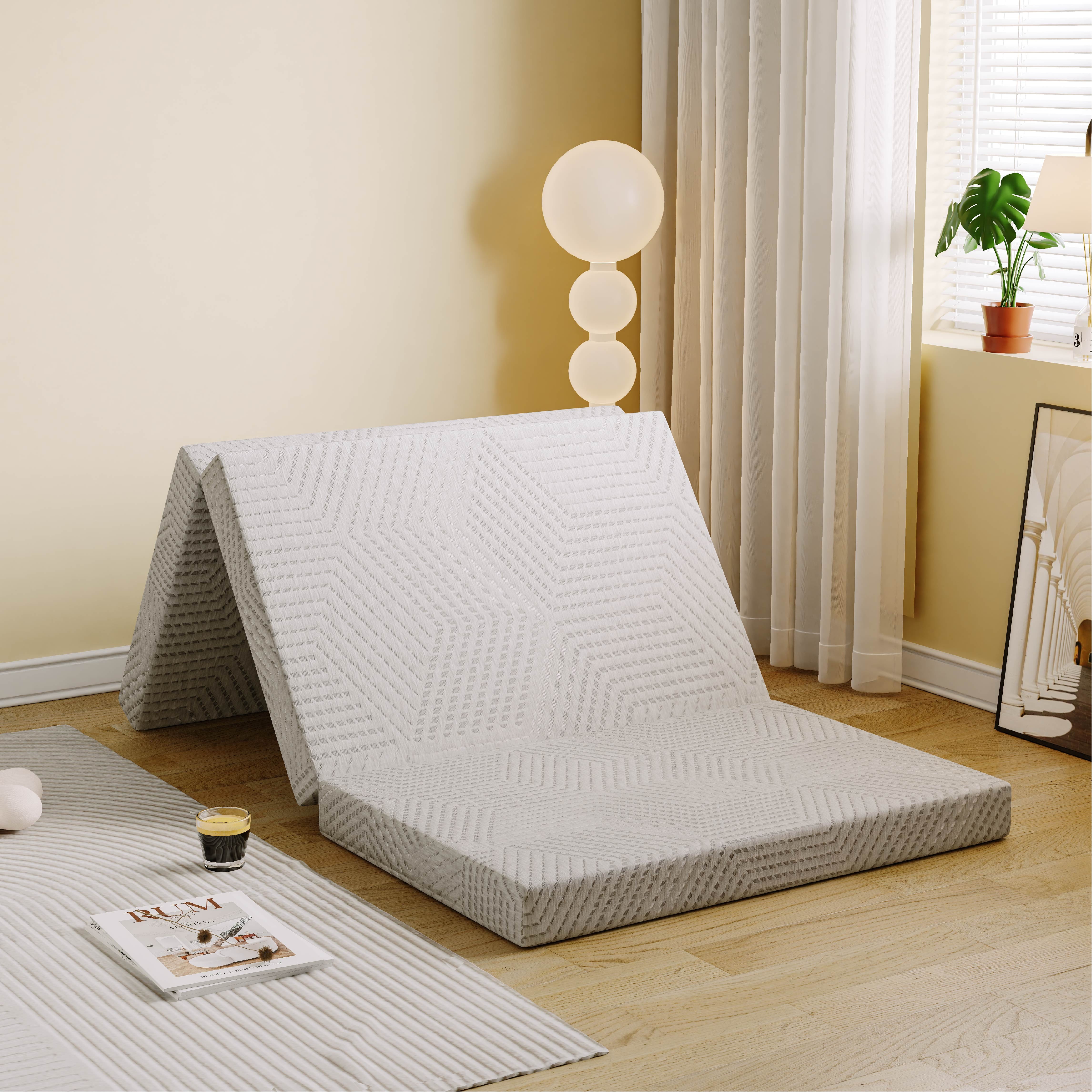 Ego 4 inch Tri Folding Memory Foam Mattress. Portable Guest Bed. Queen Size