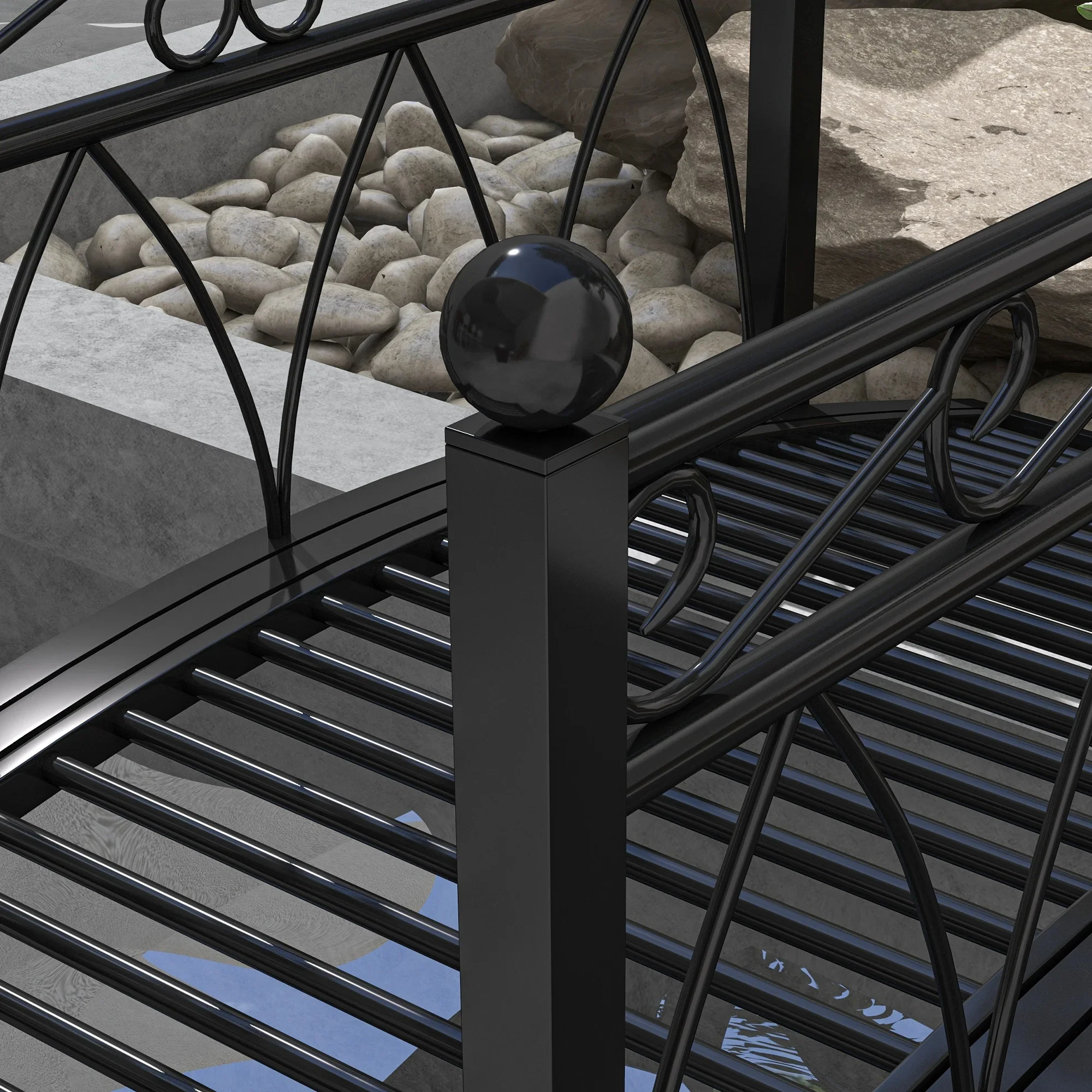 Outsunny 3.3' Metal Arch Zen Garden Bridge with Safety Siderails, Decorative Footbridge, Delicate Scrollwork & Corner Spheres for Stream, Black