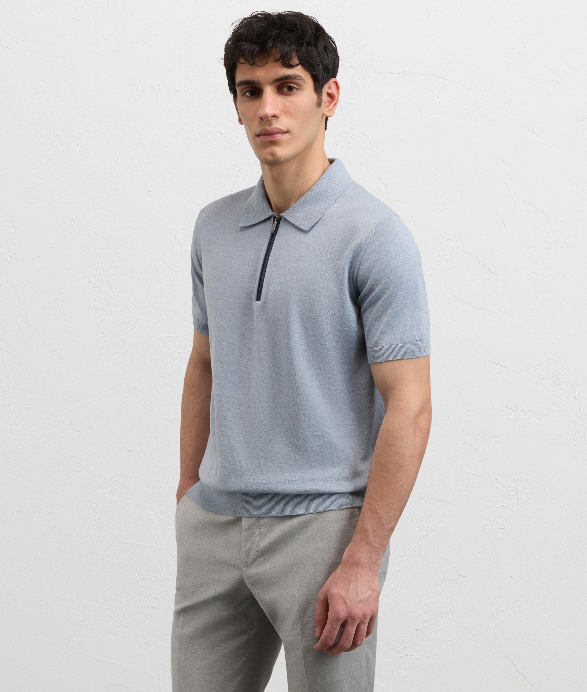 LIGHT BLUE COTTON SHORT SLEEVED POLO SHIRT WITH SUEDE DETAILS