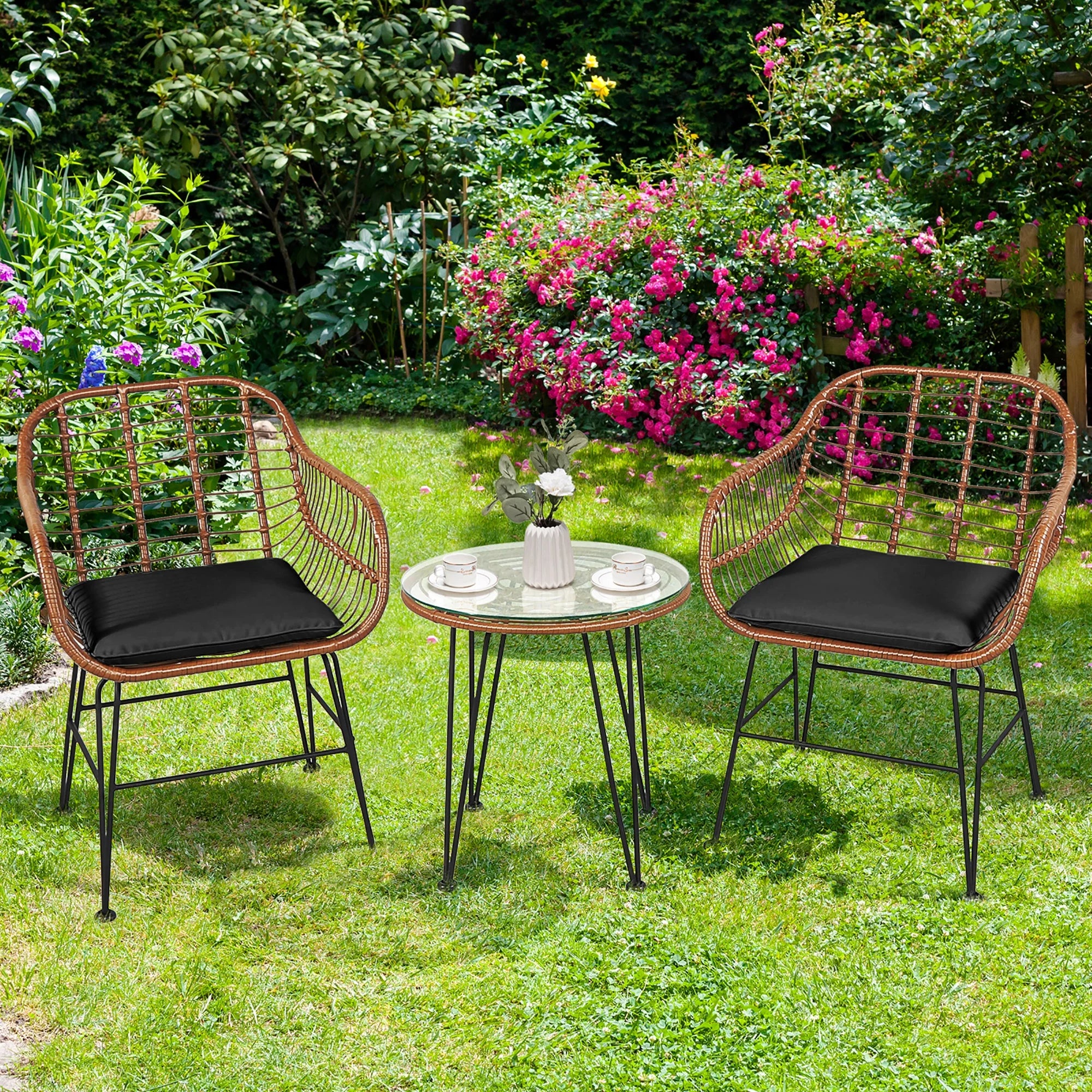 Costway 3PCS Patio Rattan Bistro Set Coffee Table Armchair Garden Red Cushion