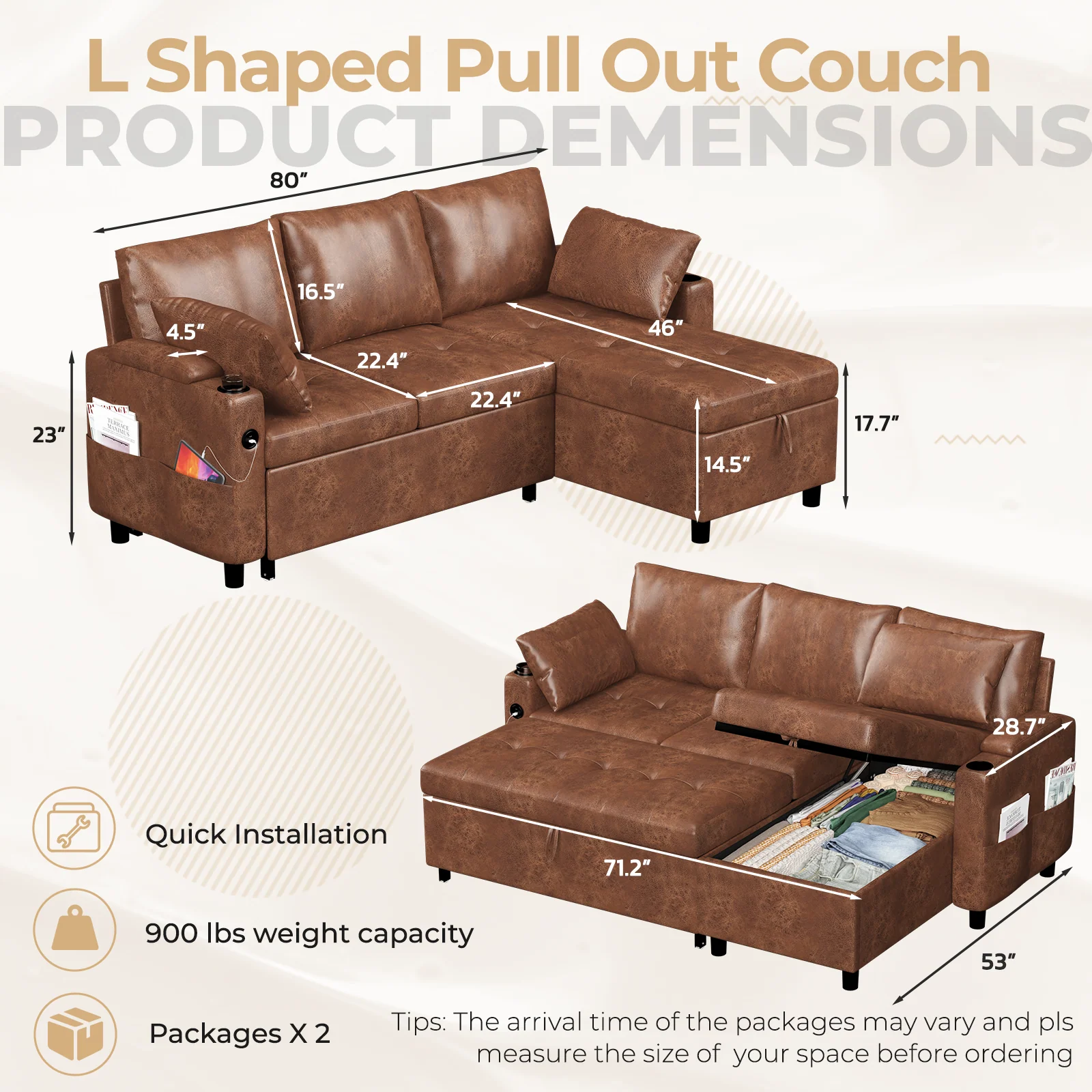 AECOJOY Sleeper Sofa Couch with Pullout Bed, Faux Leather, Brown