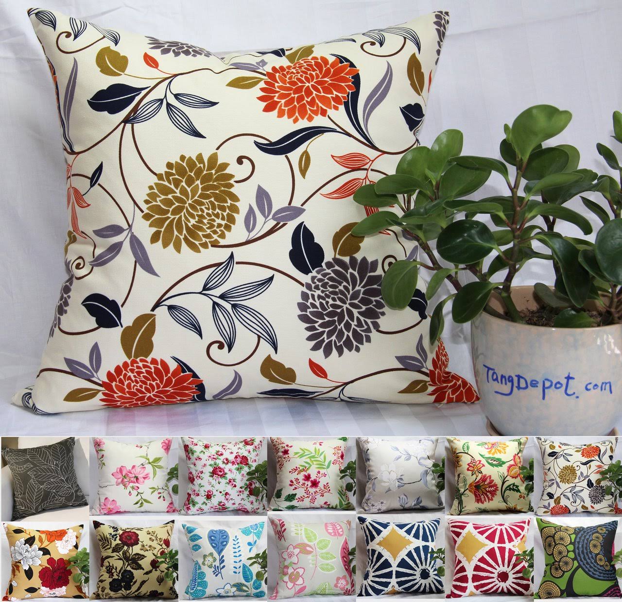 TangDepot 100% Cotton Floral/Flower Printcloth Decorative Throw Pillow Cover - (12 inch x 12 inch, S07 Chrysanthemum)