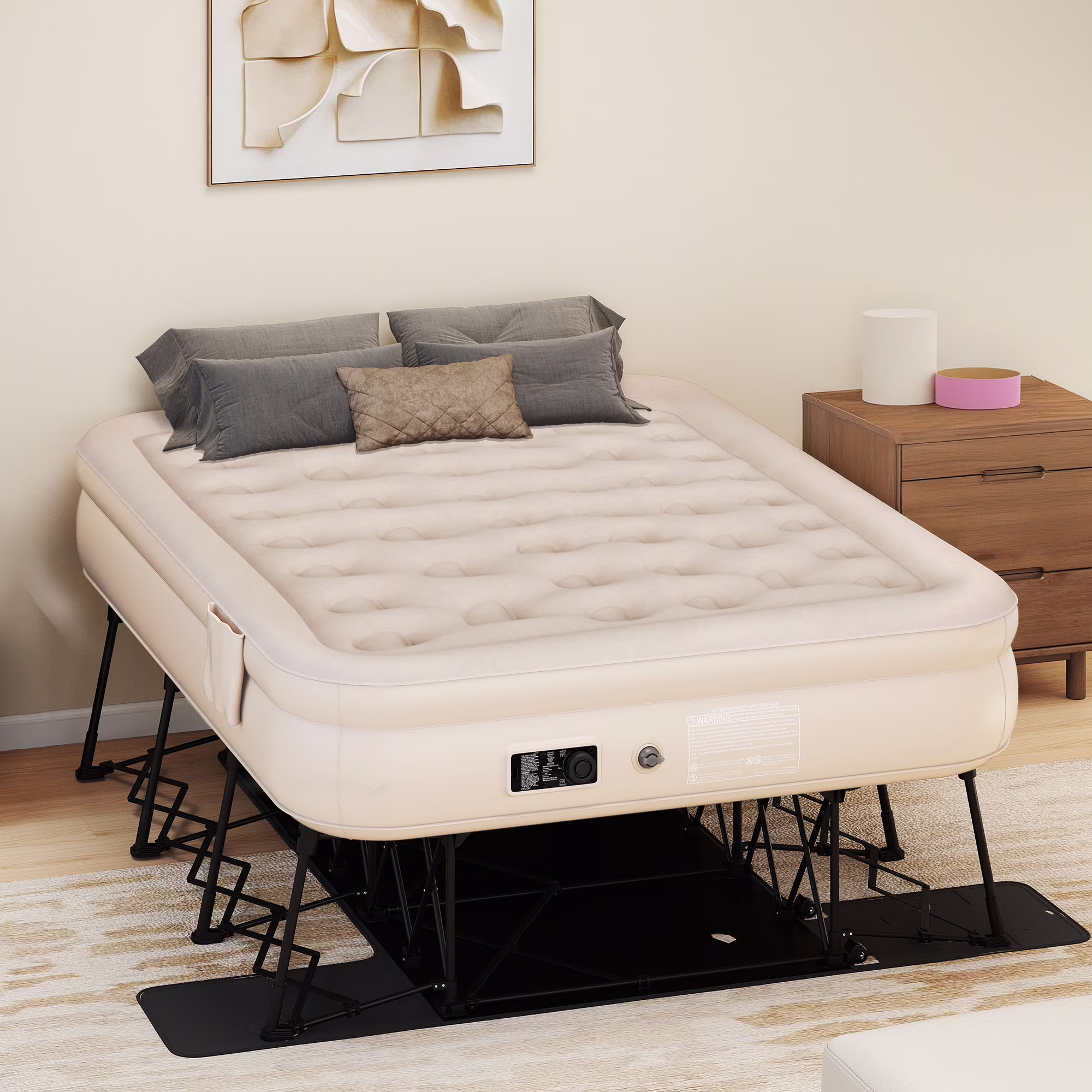 Dextrus Inflatable Queen Air Mattress with Built - in Pump, Frame, Velvet Surface & Portable Storage Case, Khaki