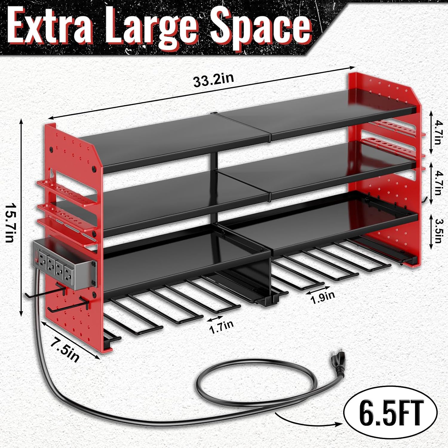 Large Power Tool Organizer Wall Mount with Charging Station, 4 Layer Heavy Duty Metal Cordless Tool Organizer, Tool Storage Rack with 8 Cordless Drill Holders for Screwdrivers and Hammers (Red)