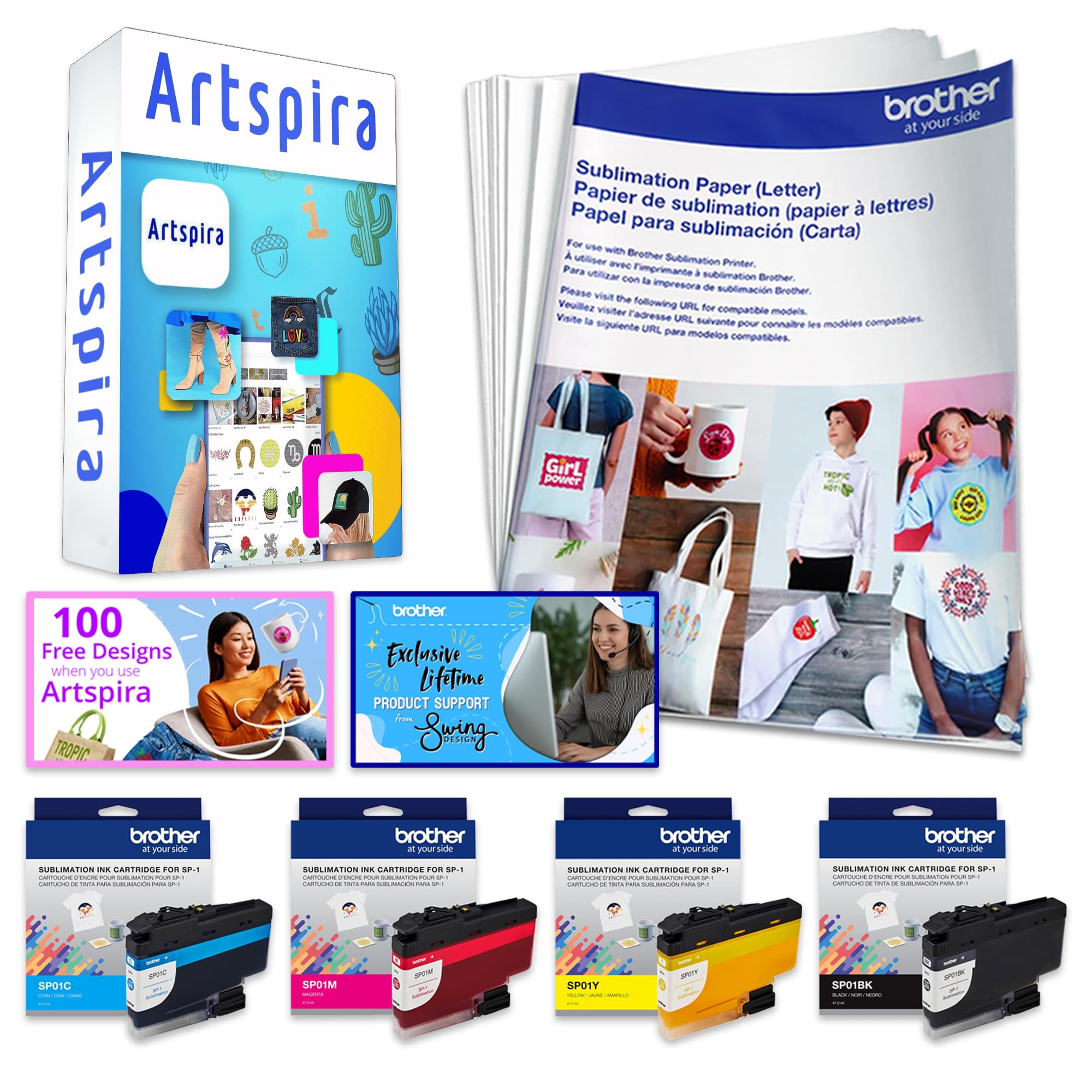 SP-1 Sublimation Printer with Full CMYK 47ml Ink Set, 10 Dye-Sublimation Transfer Sheets & Artspira Design Software