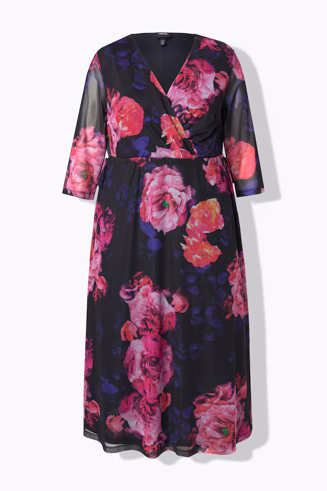 Sheer Floral Layered Wrap Look Dress