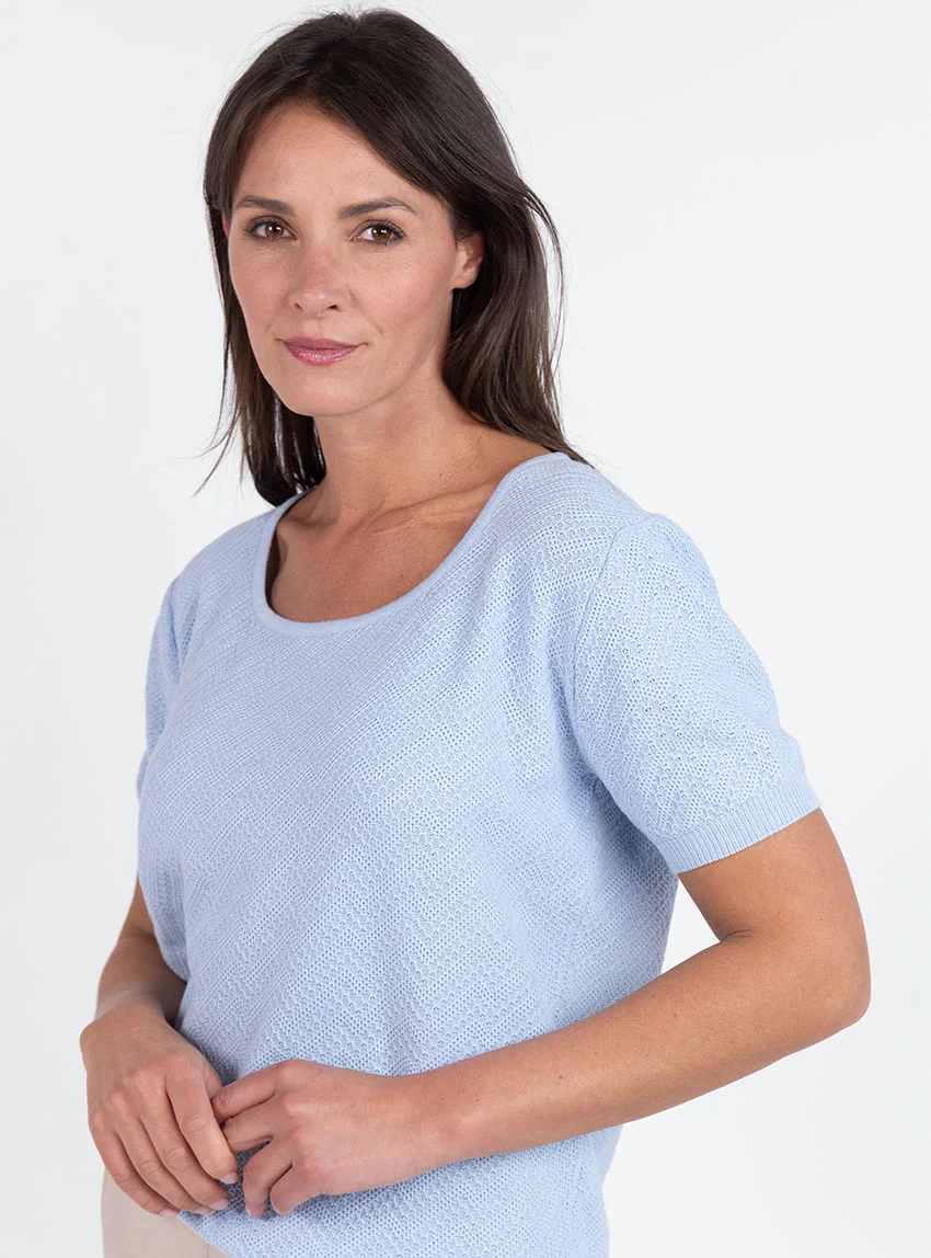 Pull femme manches courtes coton bleu azur
