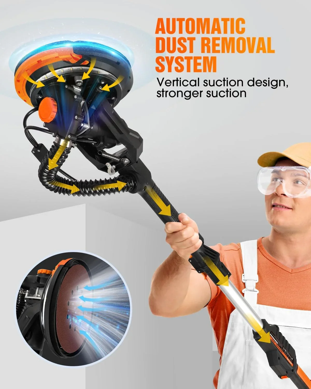 Electric Drywall Sander with Vacuum Dust Collection, Variable Speed, LED Light, Foldable Handle, Includes Sanding Discs & Grids for Home & Professional Use