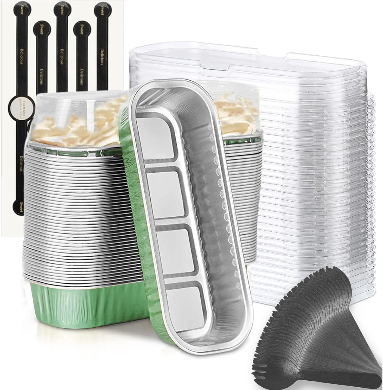 Findful Mini Loaf Baking Pans with Lids and Spoons (50 Pack, 6.8oz) Rectangular Aluminum Foil Baking Pans Tins Containers - Cupcake Containers Wrappers Cheesecake Creme Brulee Ramekins