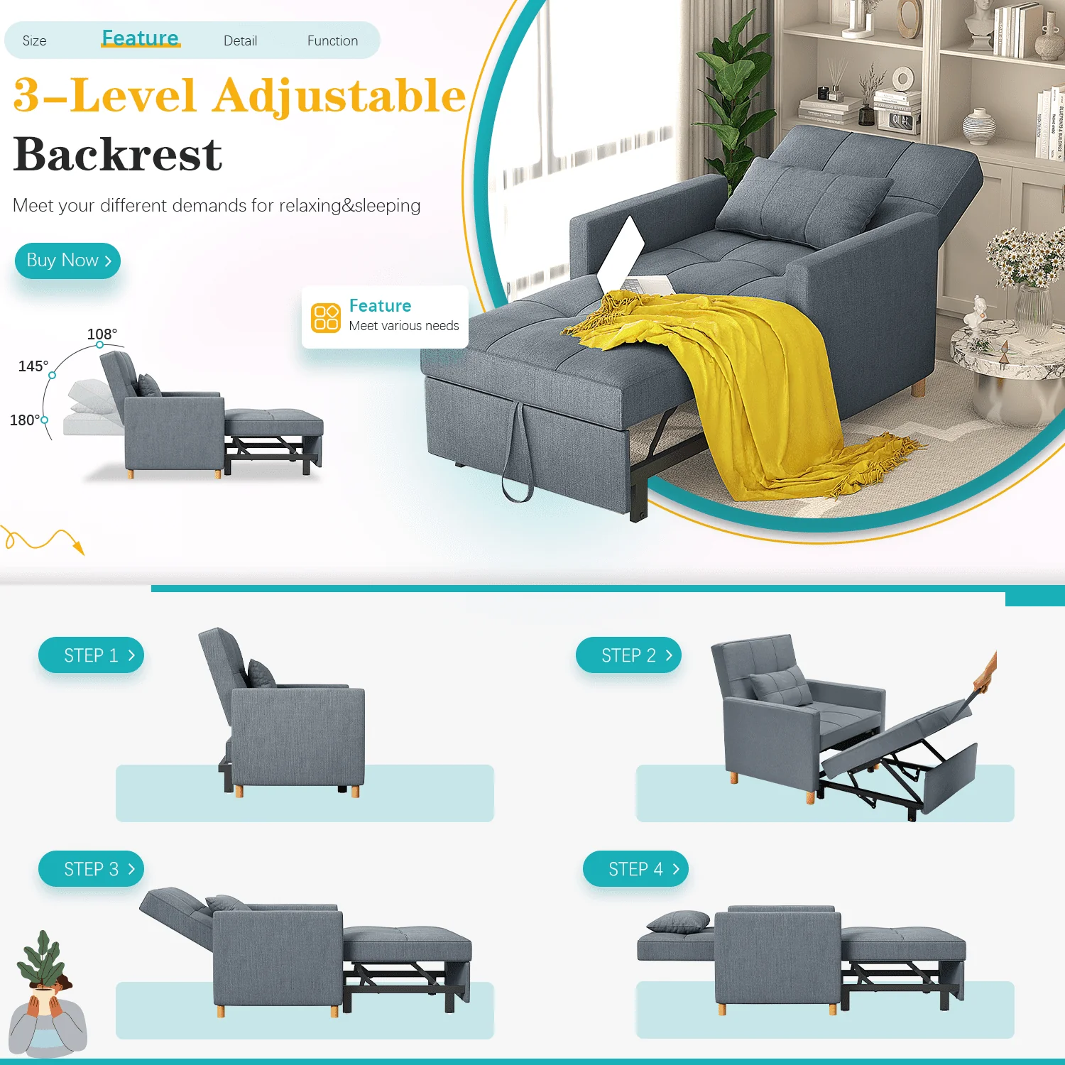 YODOLLA Sleeper Sofa Chair 3 in 1 Sleeper Chairs for Adults Pull Out Chair Bed Sleeper with Extra Pillow and Convertible Backrest Multi Functional Fold Out Chair Bed for Small Space (Dark Grey) Image 6