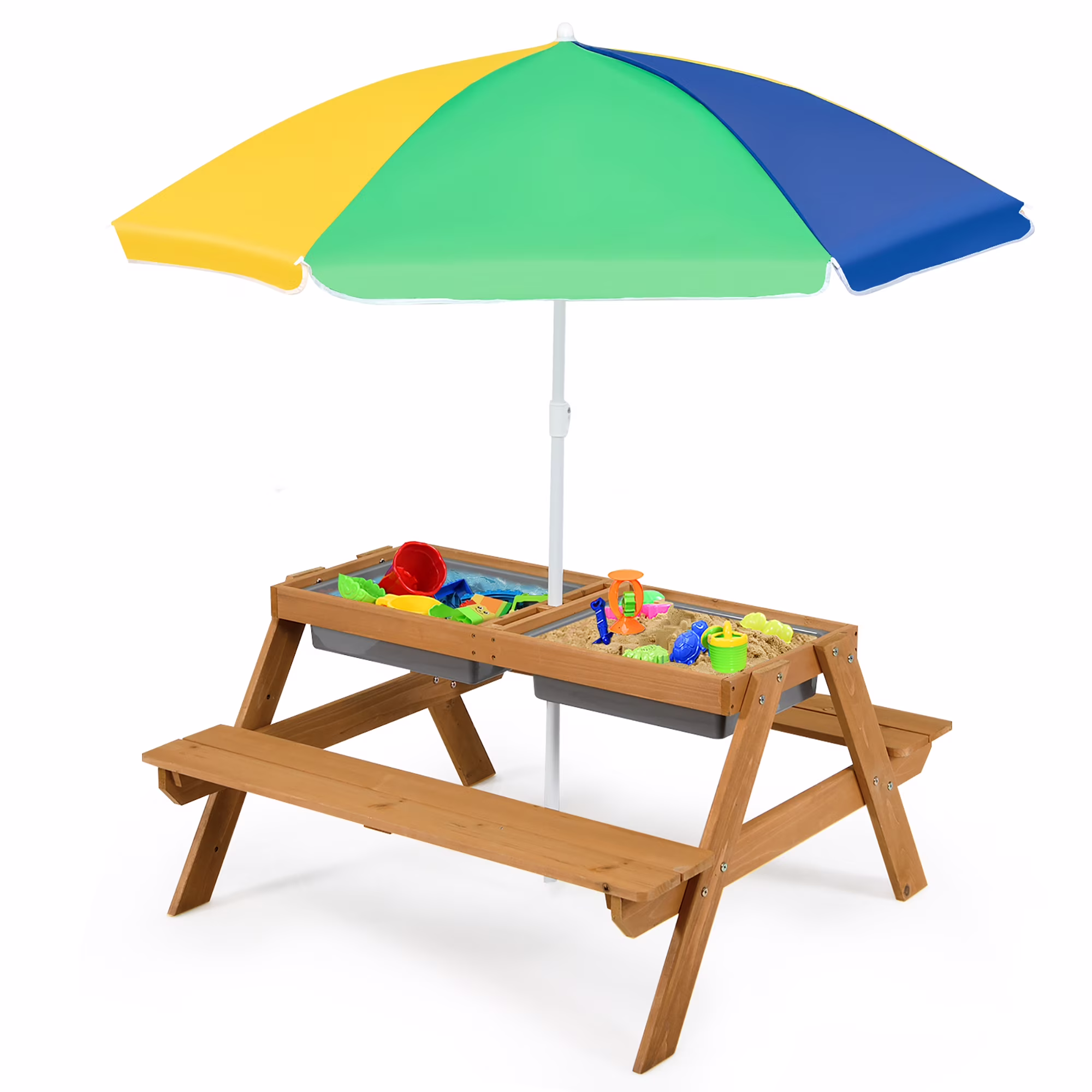 Costway 3-in-1 Kids Picnic Table Wooden Outdoor Sand & Water Table with Umbrella Play Boxes Green