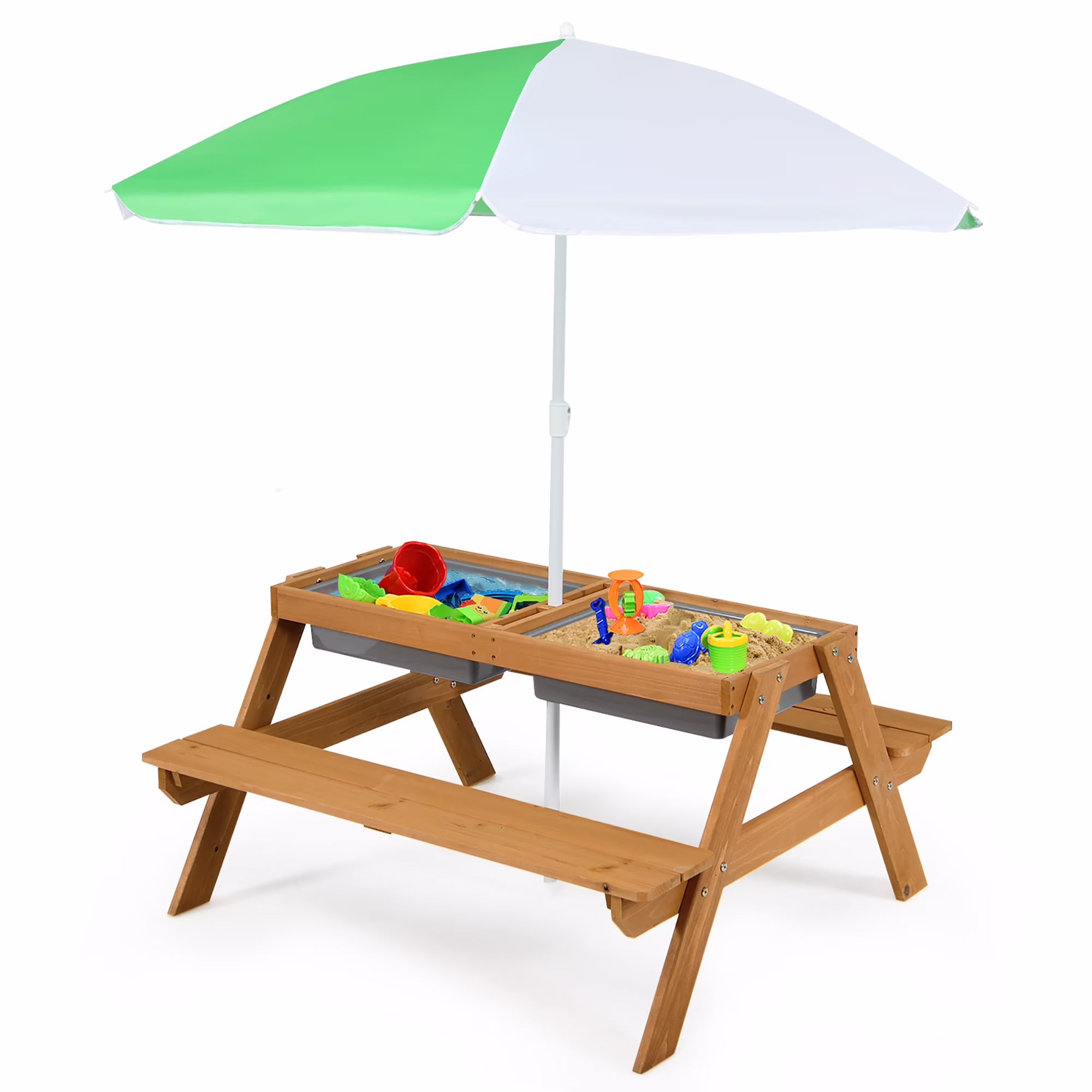3-in-1 Kids Picnic Table Wooden Outdoor Sand Water Table with Umbrella Play Boxes Green(Green) - Image 5