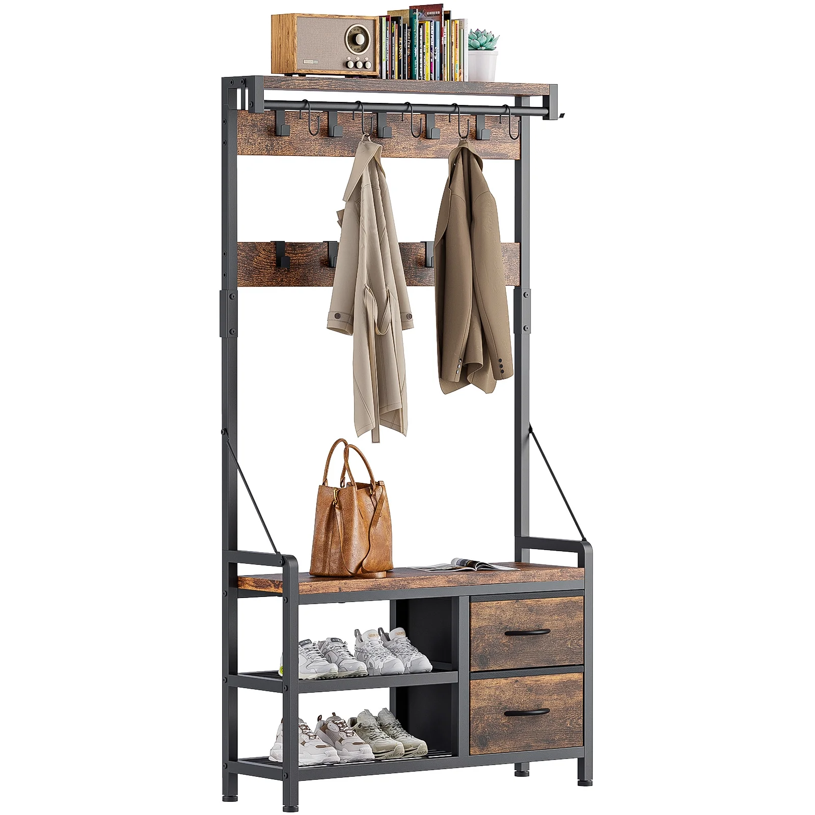 GIKPAL 5 in 1 Hall Tree, Entryway Bench with Coat Hooks Industrial Entryway Bench with 17 Hooks 2 Drawers and Top Shelf, for Hallway or Living Room, Rustic Brown(2 Drawers/Brown)