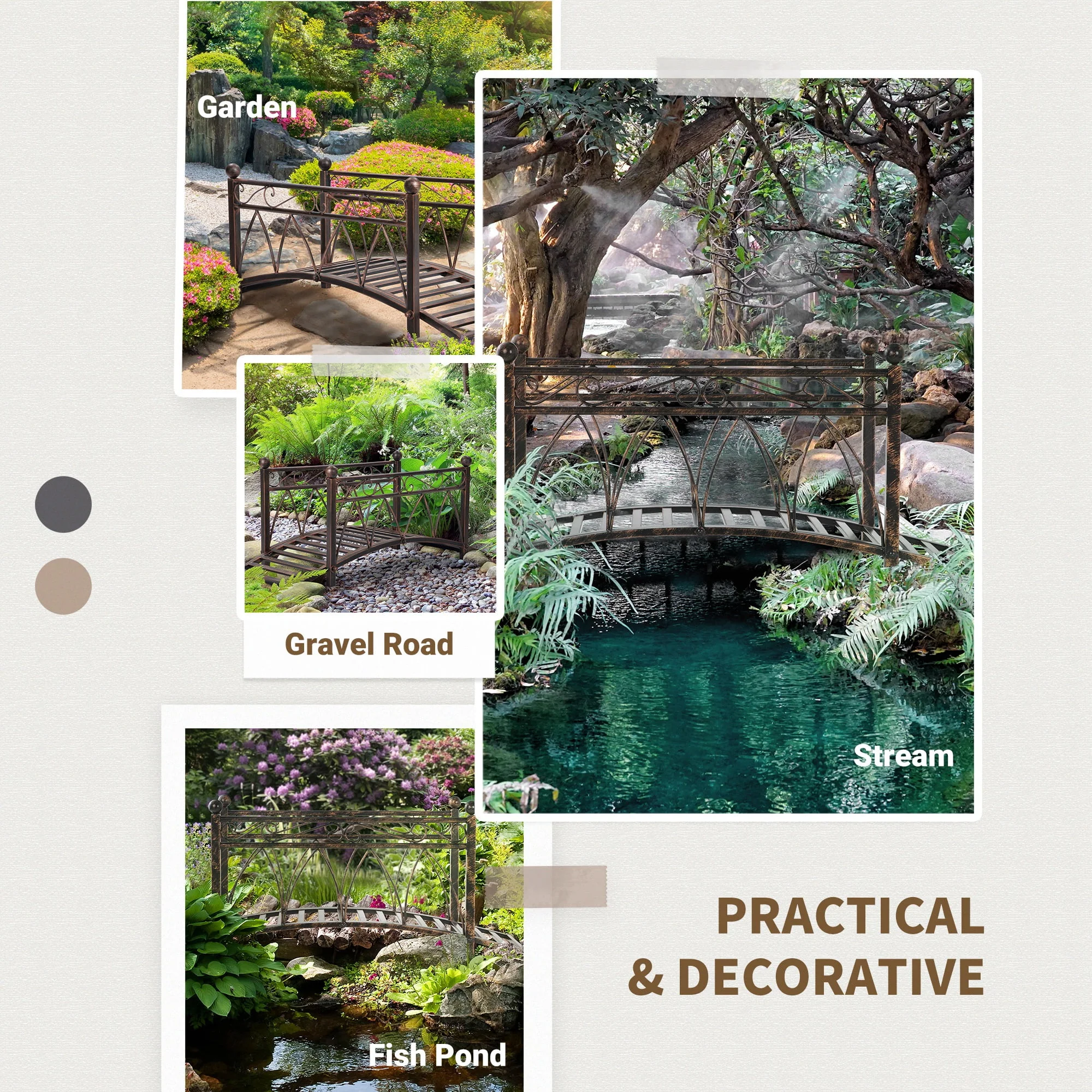 Outsunny 3.3' Metal Arch Zen Garden Bridge with Safety Siderails, Decorative Footbridge, Delicate Scrollwork & Corner Spheres for Stream, Black