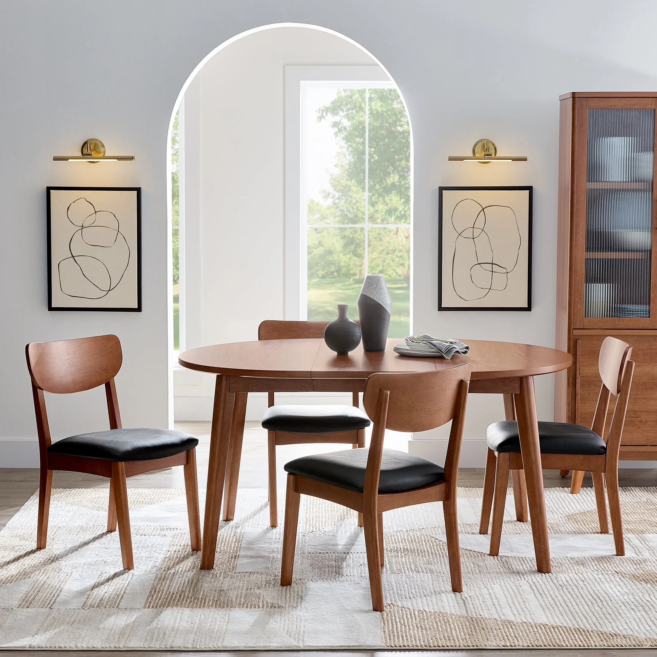 Better Homes & Gardens Greyson Mid-Century Dining Chairs, Black Faux Leather, Acorn Finish, Set of 2