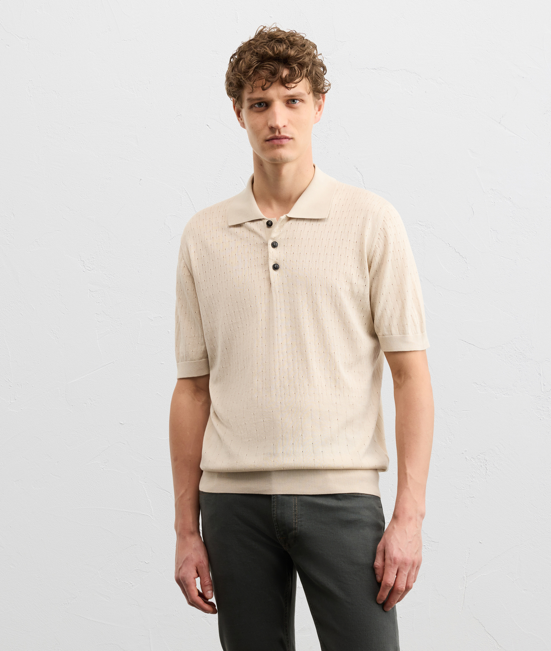 NATURAL COLORED COTTON KNIT SHORT SLEEVED POLO SHIRT WITH BUTTONS