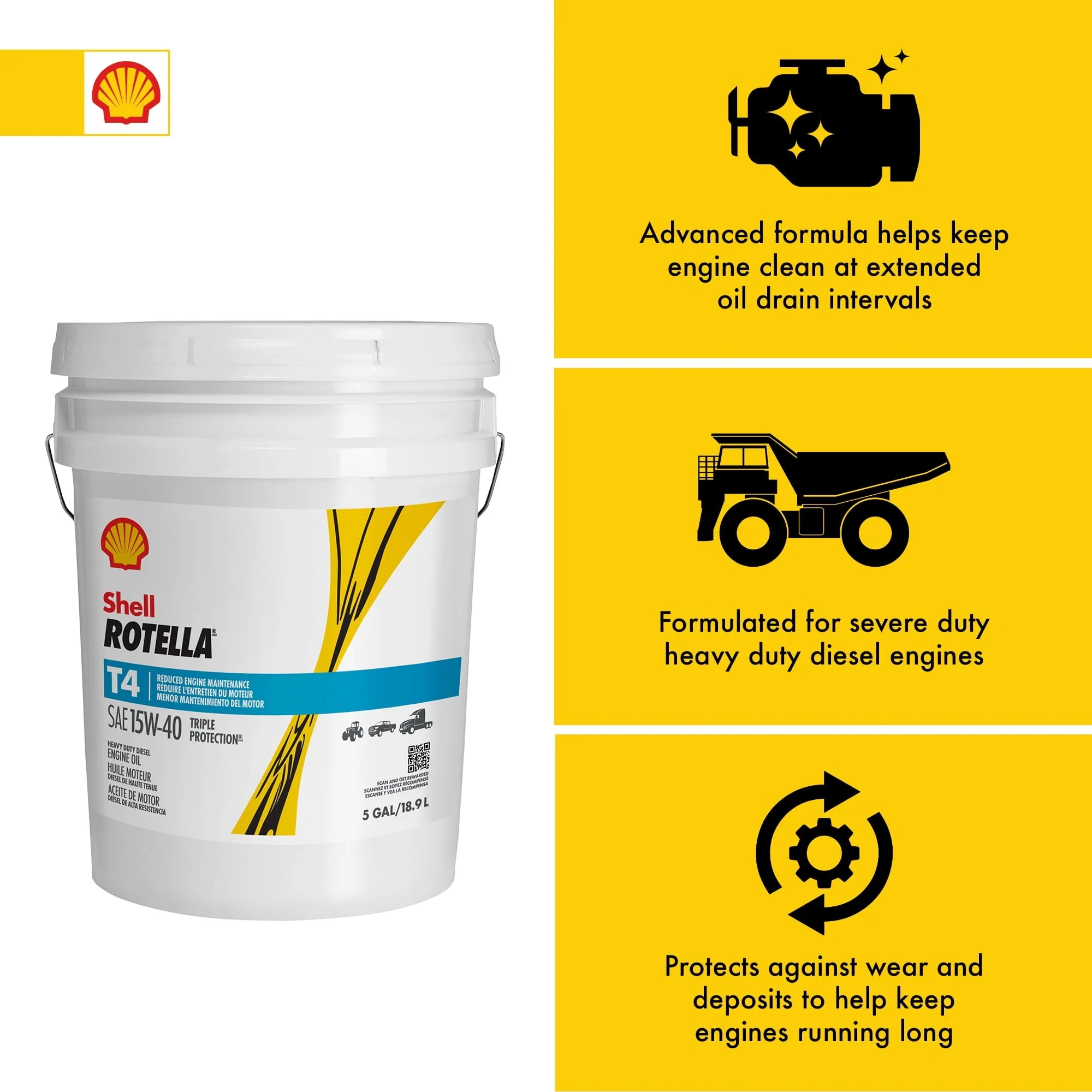 Shell Rotella T4 Triple Protection 15W - 40 Diesel Motor Oil, 5 Gallon Pail